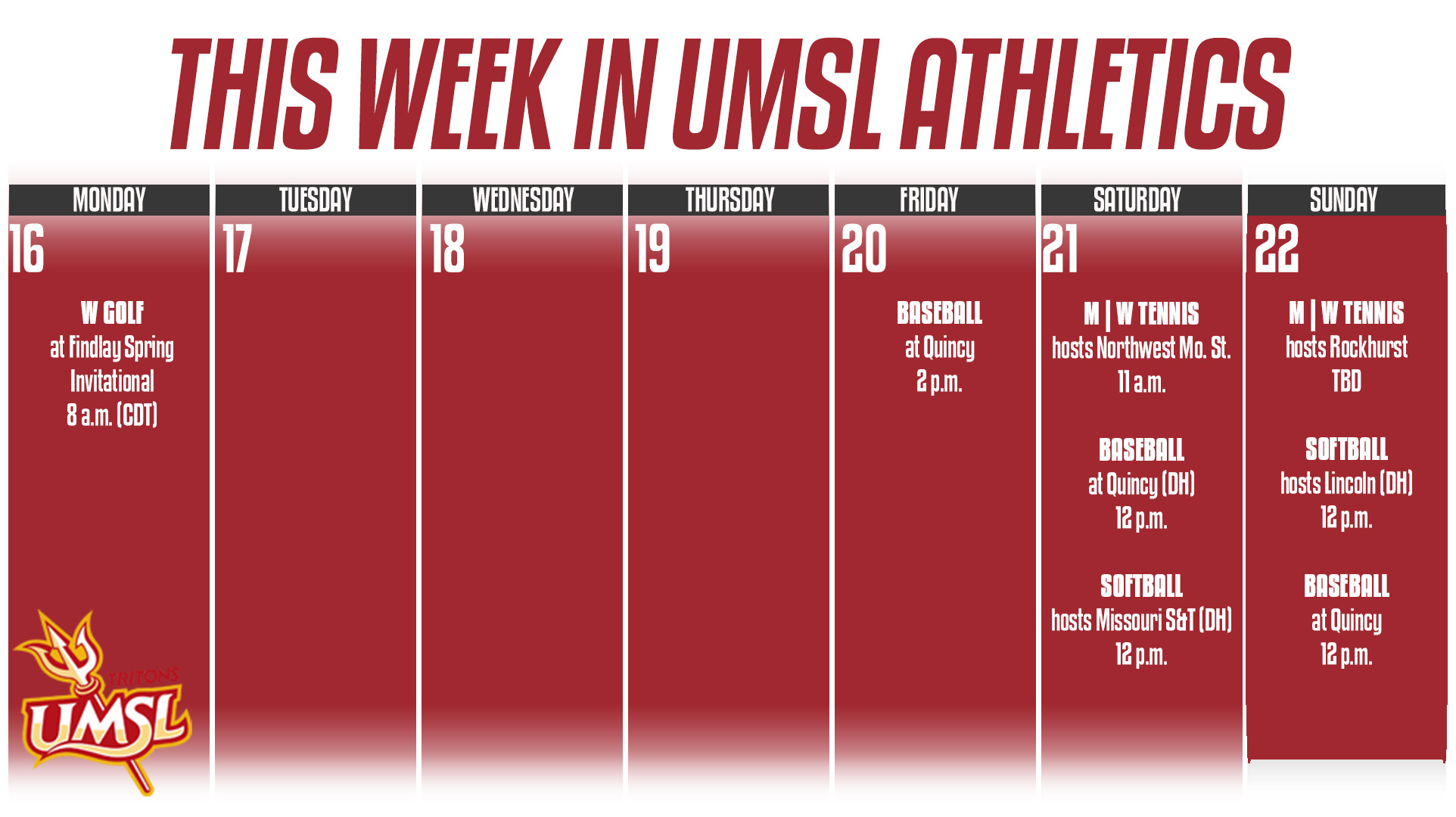 Weekly Calender of UMSL Athletic events for the week of March 16-22