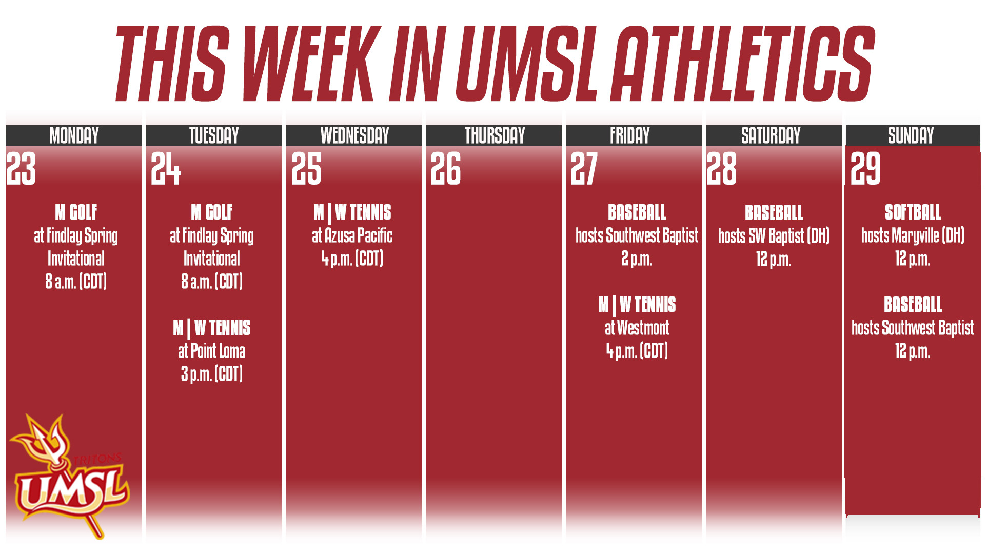 Weekly Calender of UMSL Athletic events for the week of March 23-29