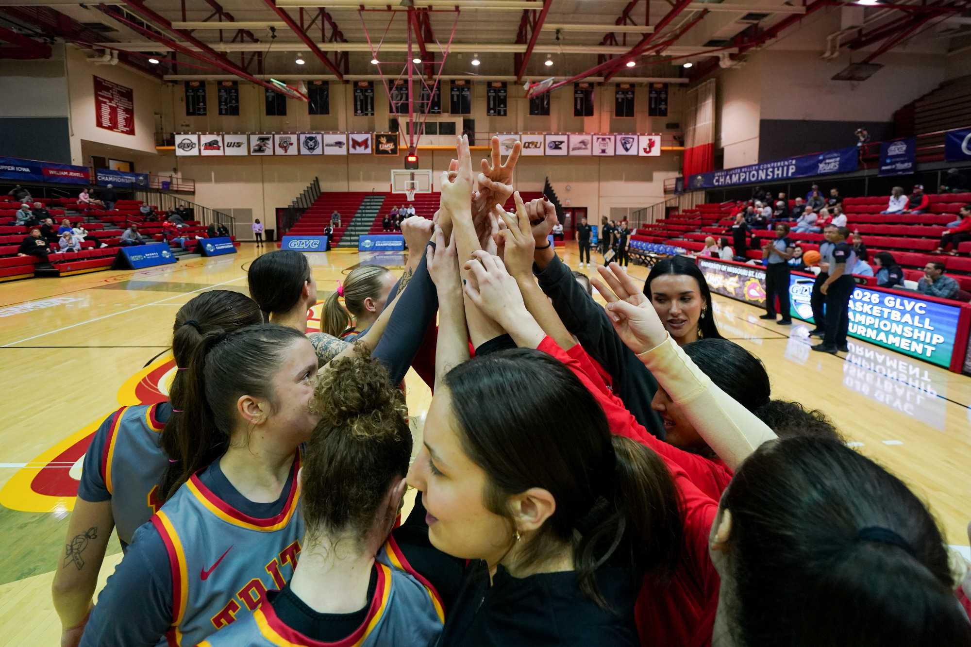 UMSL Women's Basketball team gets ready to break its huddle before its GLVC semifinal contest against Lewis on March 7, 2026