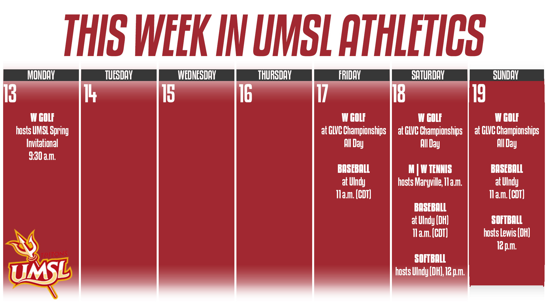 Weekly Calender of UMSL Athletic events for the week of April 6 - 12