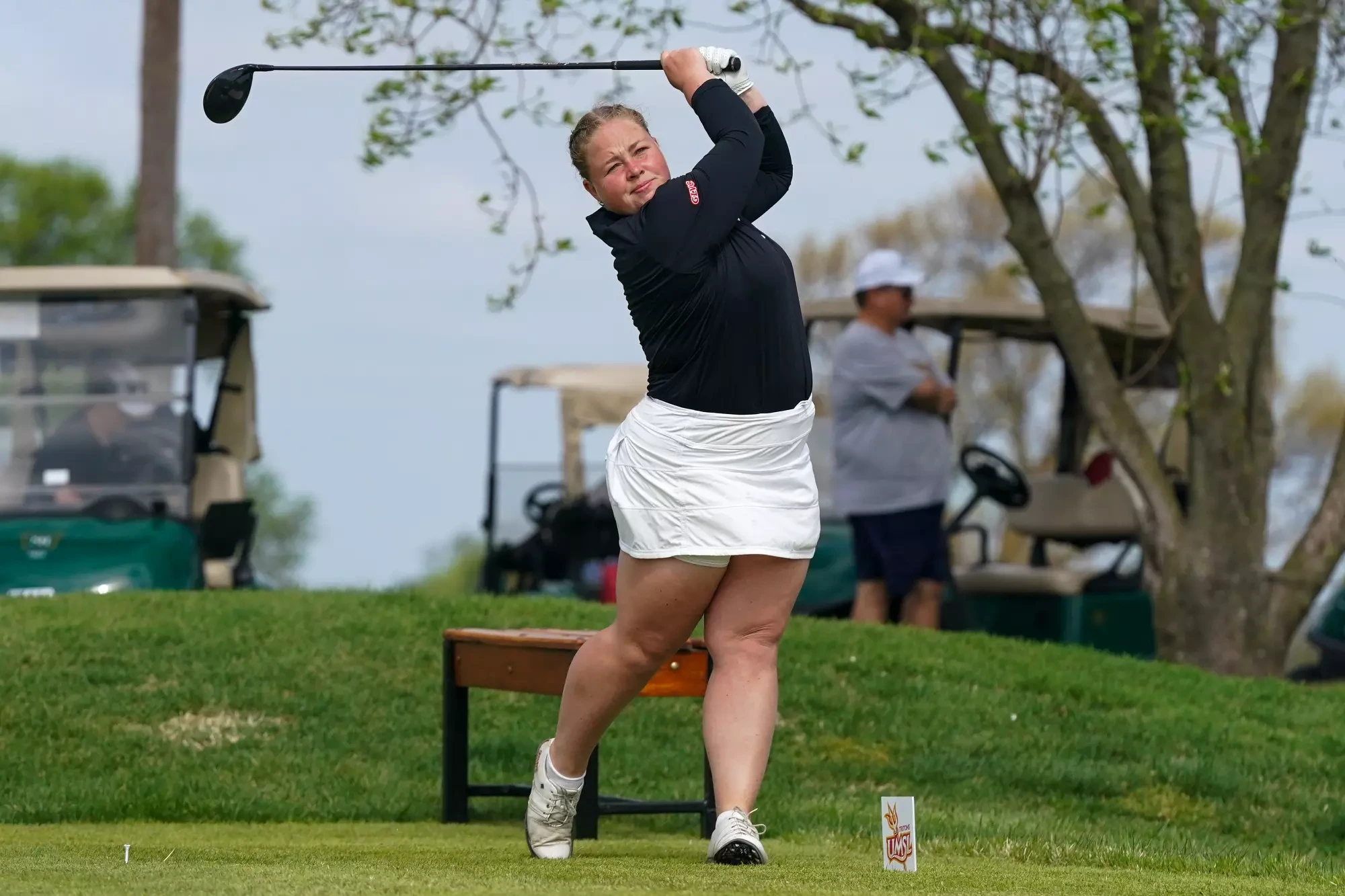 Wilma Zanderau hits a drive off the tee during the third round of the UMSL Spring Invitational