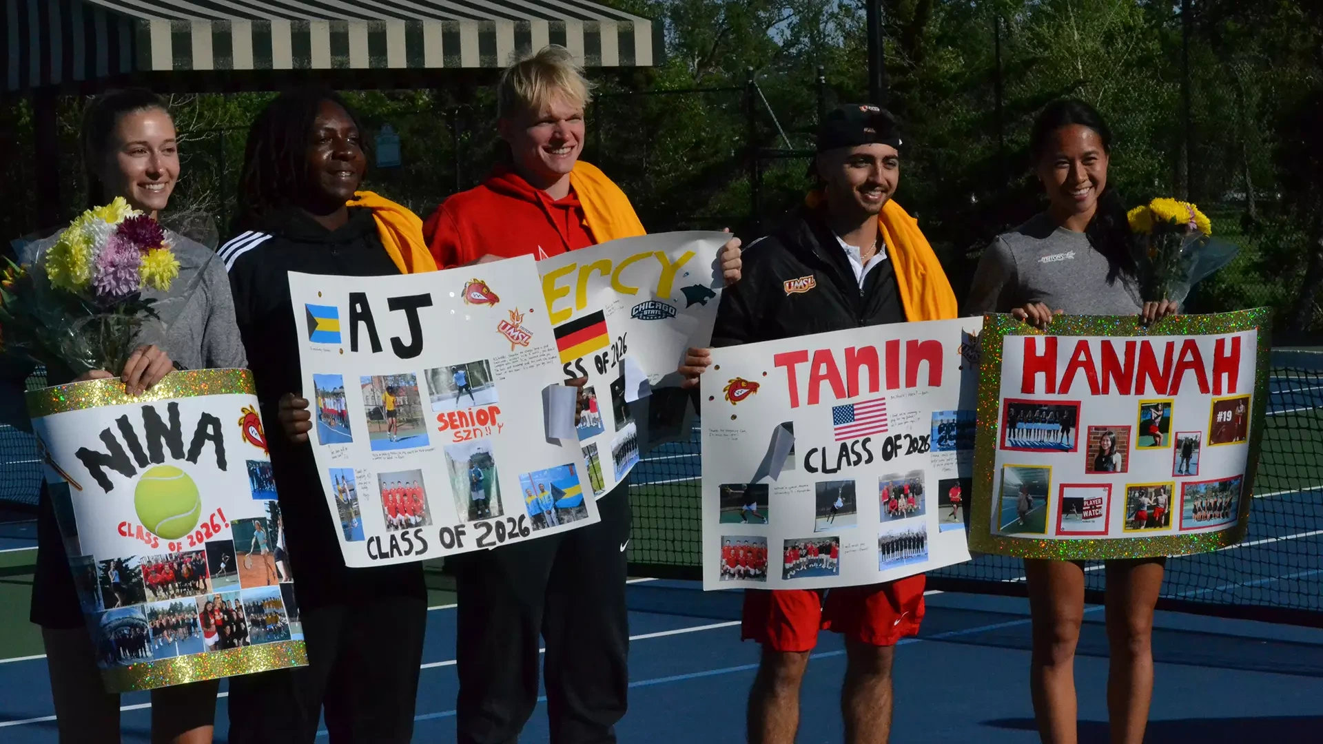UMSL Tennis Seniors (L-R): Anna Favaron, AJ Burrows, Percy Siercke, Tanin Ramnath and Hannah Tse