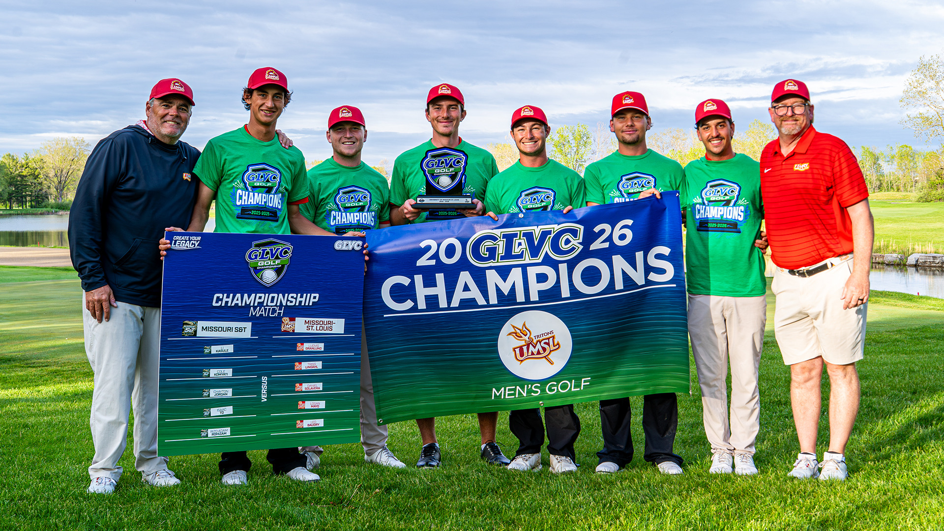UMSL Tritons 2026 Great Lakes Valley Conference Men's Golf Champions. (L-R): Head Coach Troy Halterman, Trigg Lindahl, Benjamin Berger, Leo Baudry, Logan Mayo, Ludvig Granlund, Dani Solavera and assistant coach Scott Worley