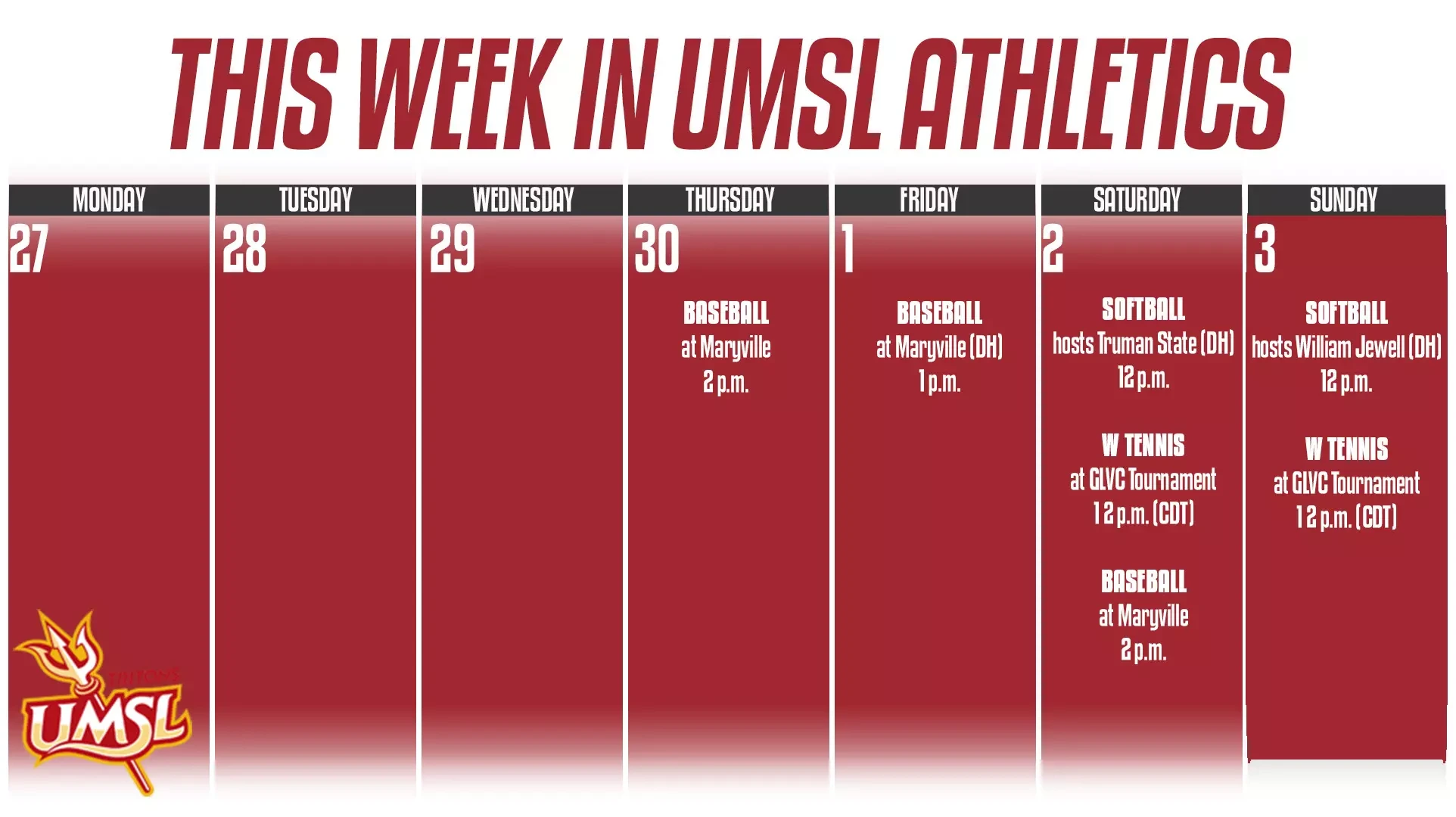 Weekly Calender of UMSL Athletic events for the week of April 27 - May 3
