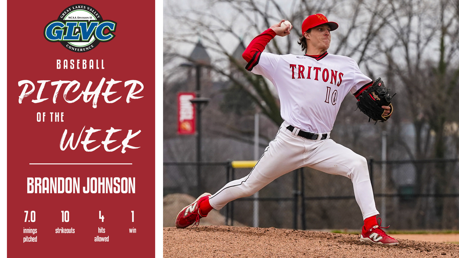 Brandon Johnson named Great Lakes Valley Conference Pitcher of the Week for the week ending of April 26, 2026
