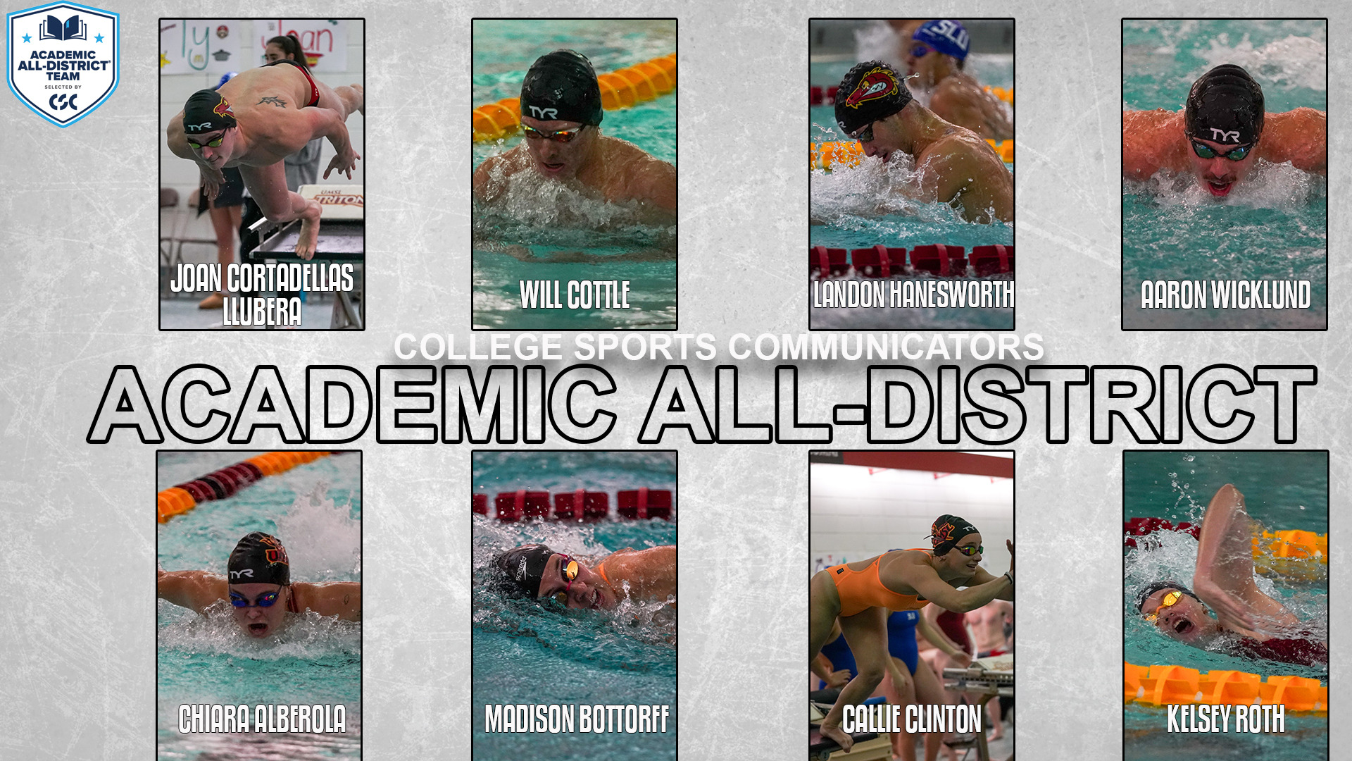2026 UMSL Swimming College Sports Communicators Academic All-District Honorees. Top (L-R): Joan Cortadellas Llubera, Will Cottle, Landon Hanesworth, Aaron Wicklund. Bottom (L-R): Chiara Alberola, Madison Bottorff, Callie Clinton and Kelsey Roth.