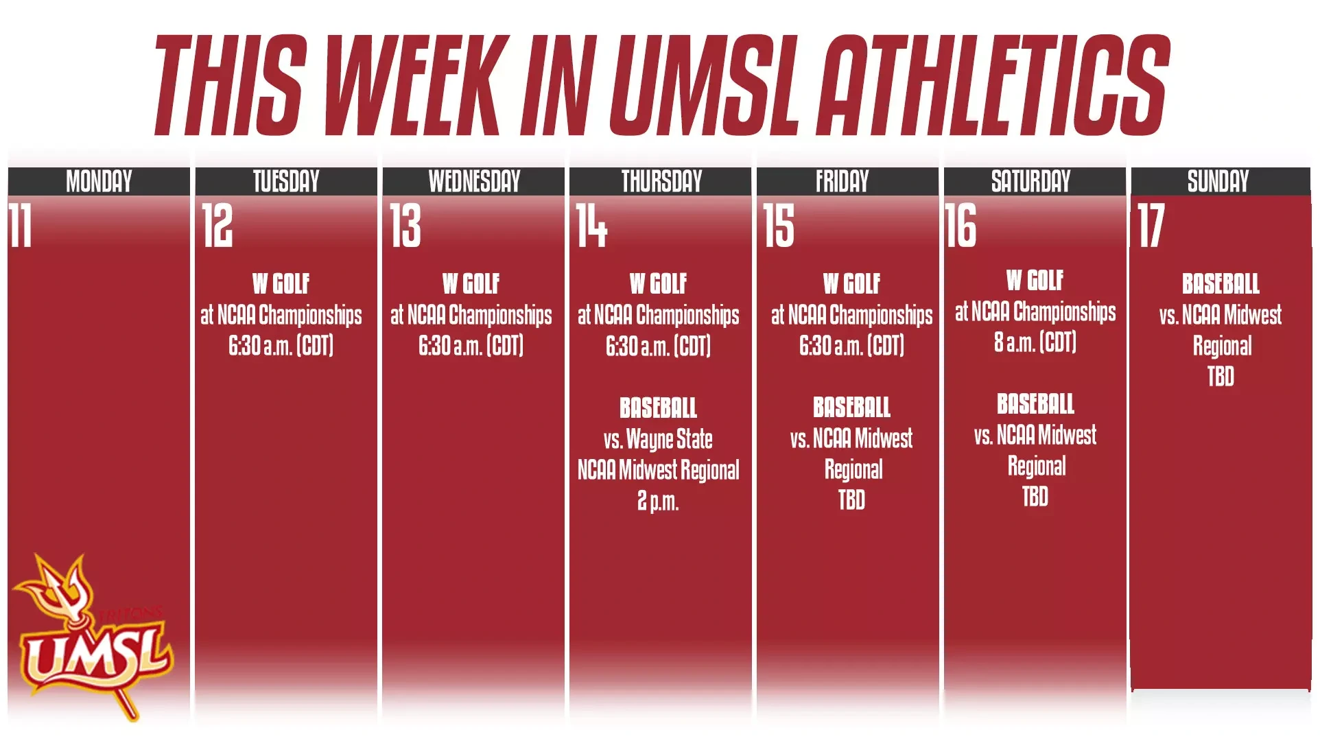 Weekly Calender of UMSL Athletic events for the week of May 11-17
