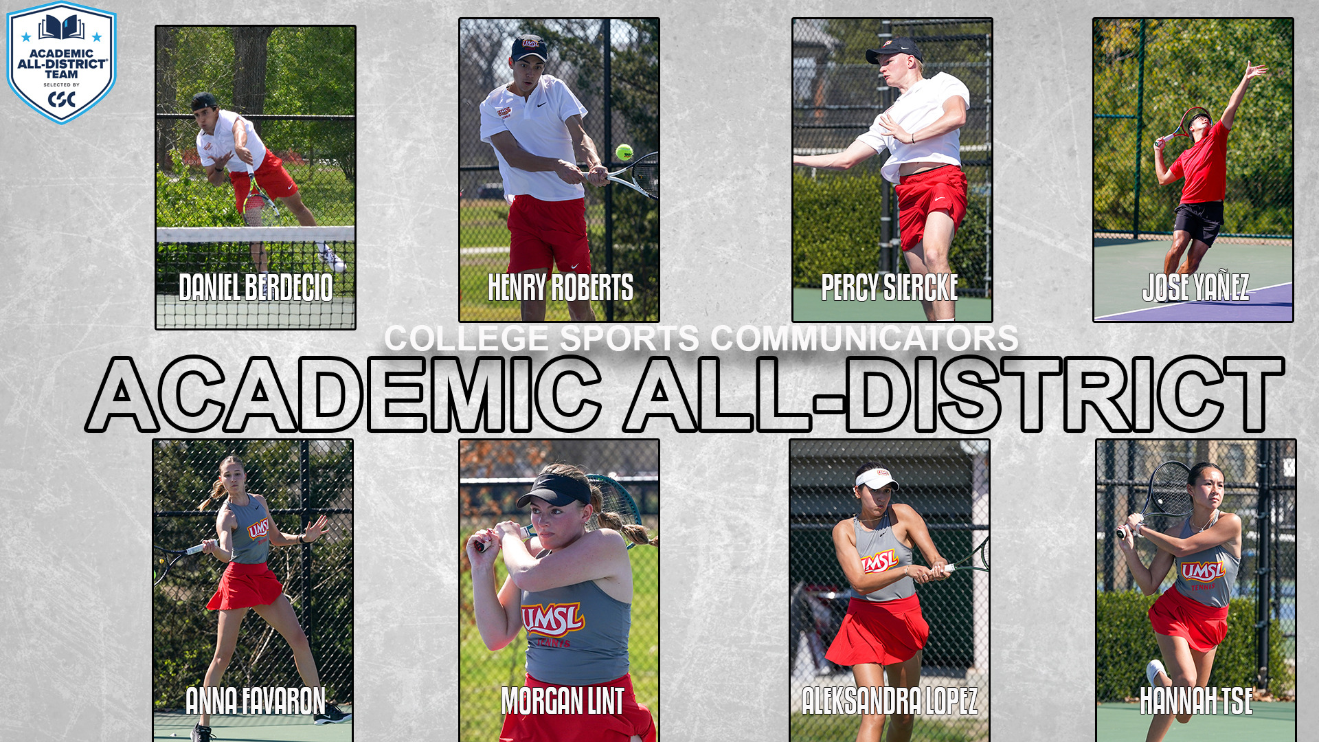 2026 College Sports Communicators Academic All-District Selections. Top (L-R): Daniel Berdecio, Henry Roberts, Percy Siercke and Jose Yanez. Bottom (L-R): Anna Favaron, Morgan Lint, Aleksandra Lopez and Hannah Tse.