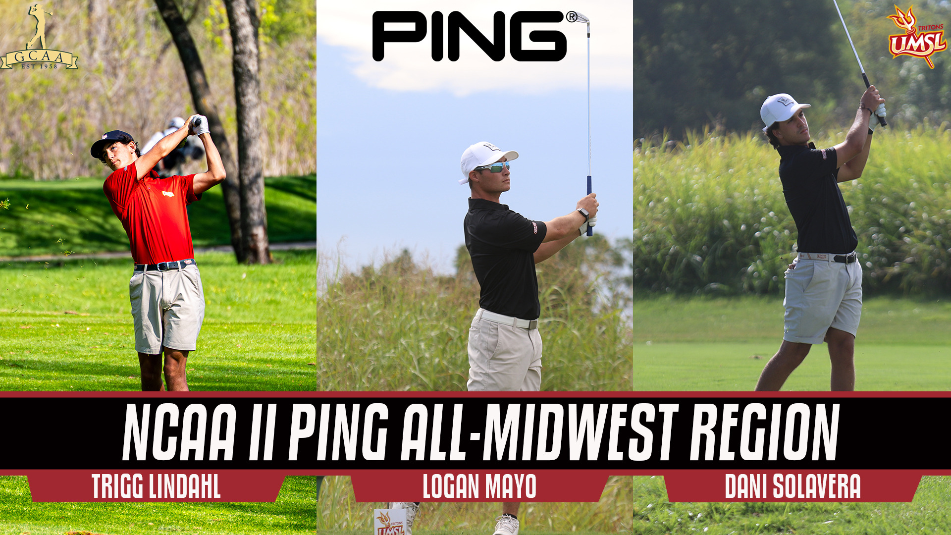 NCAA II PING Men's Golf All-Midwest Region Team. L-R: Trigg Lindahl, Logan Mayo and Dani Solavera