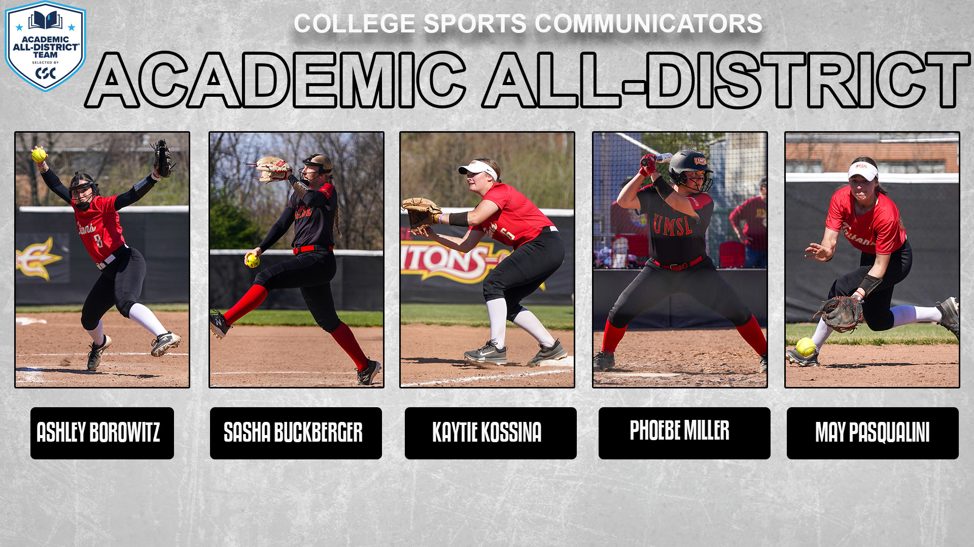 UMSL Softball's 2026 College Sports Communicators Academic All-District honorees (L-R): Ashley Borowitz, Sasha Buckberger, Kaytie Kossina, Phoebe Miller and May Pasqualini.