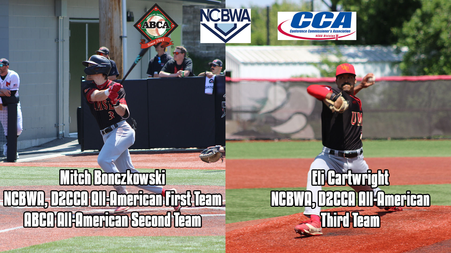 UMSL Baseball's Mitch Bonczkowski (left) was named to the National Collegiate Baseball Writers Association and Division II Conference Commissoners Association All-America First Team and the American Baseball Coaches Associaion All-America Second Team. Eli Cartwright (right) was named to the NCBWA and D2CCA All-America Third Teams.