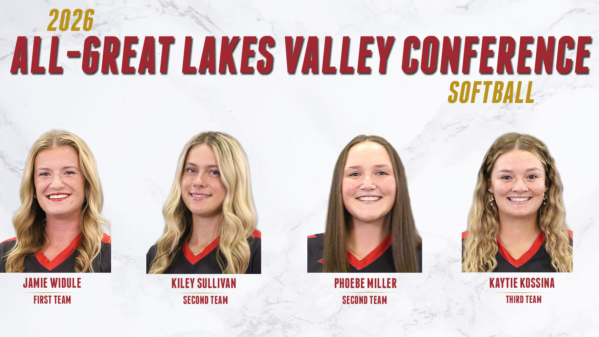 UMSL Softball had four players named to the Great Lakes Valley Conference Team. Jamie Widule was a first team selection, Kiley Sullivan and Phoebe Miller were second team honorees and Kaytie Kossina was a third team pick