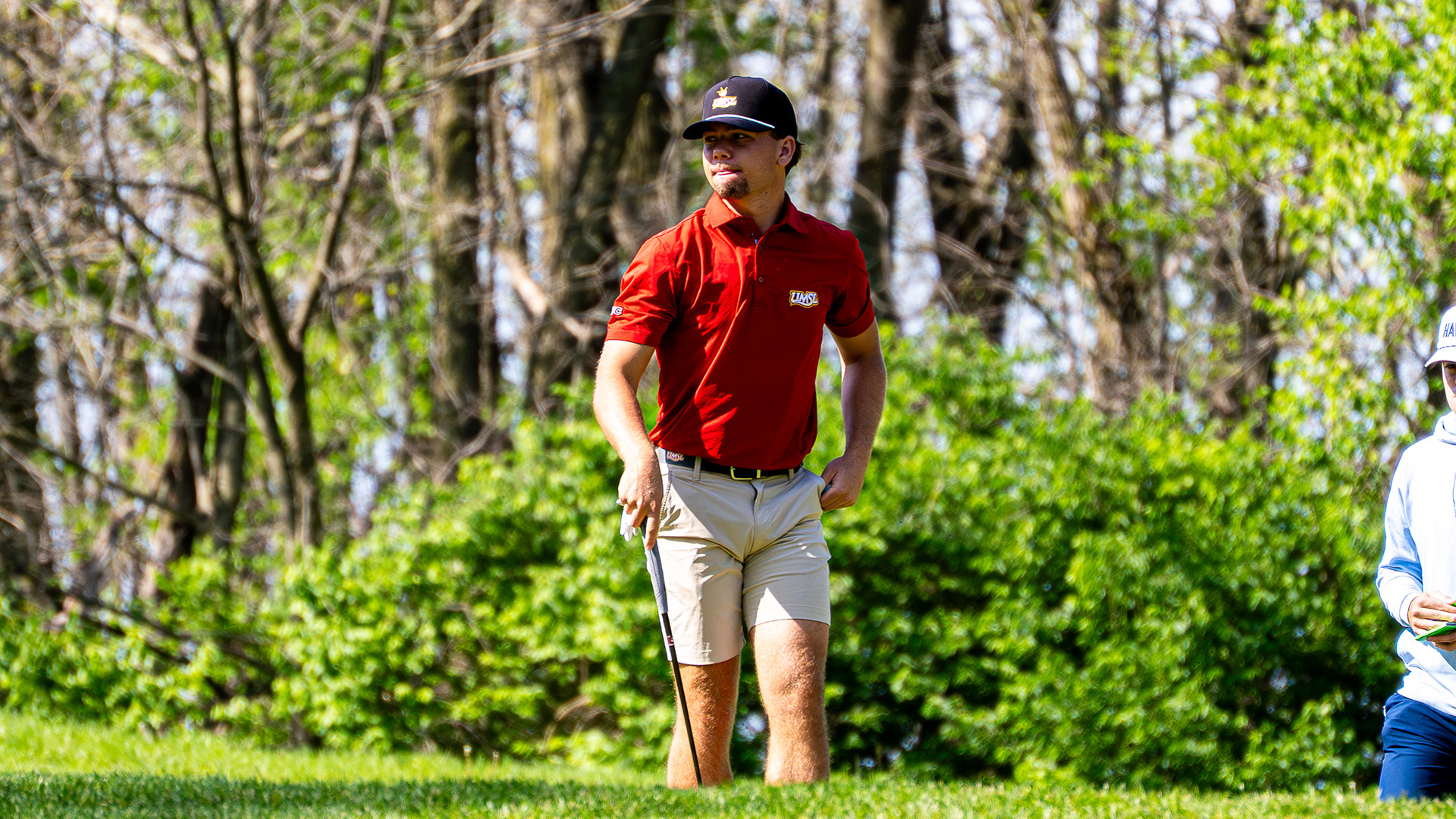 Ludvig Granlund gets ready to tee off during the Great Lakes Valley Conference men's golf championships