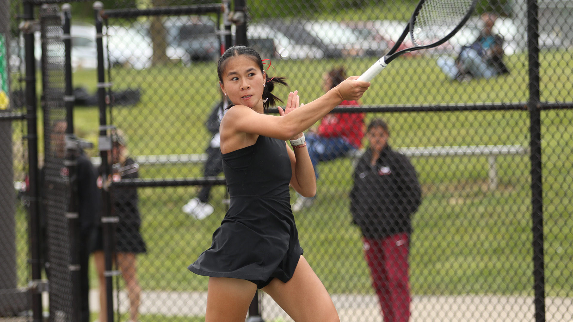 Hannah Tse returns a shot during the Great Lakes Valley Conference Tournament championship match