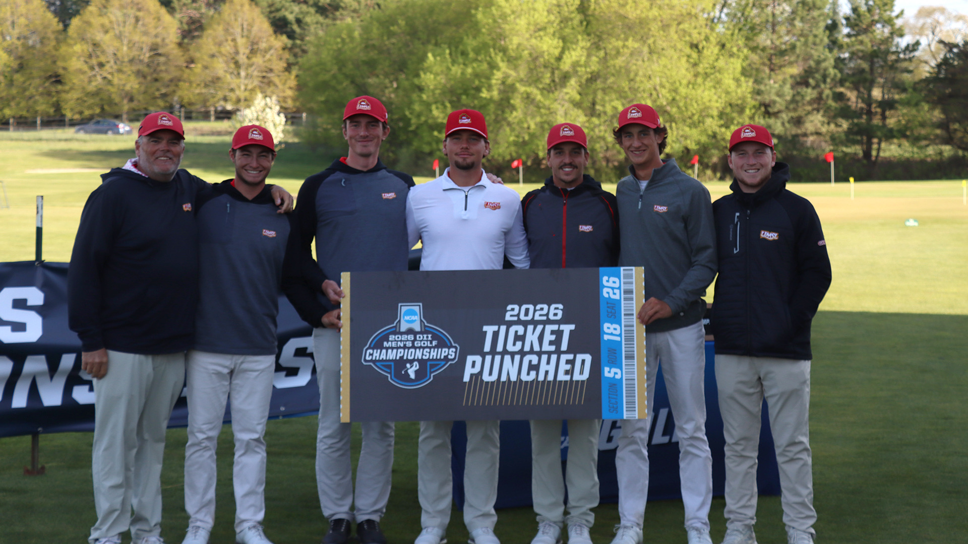 UMSL's men's golf team poses with the NCAA Ticket punched sign after finishing second in the NCAA Midwest/Central Regional