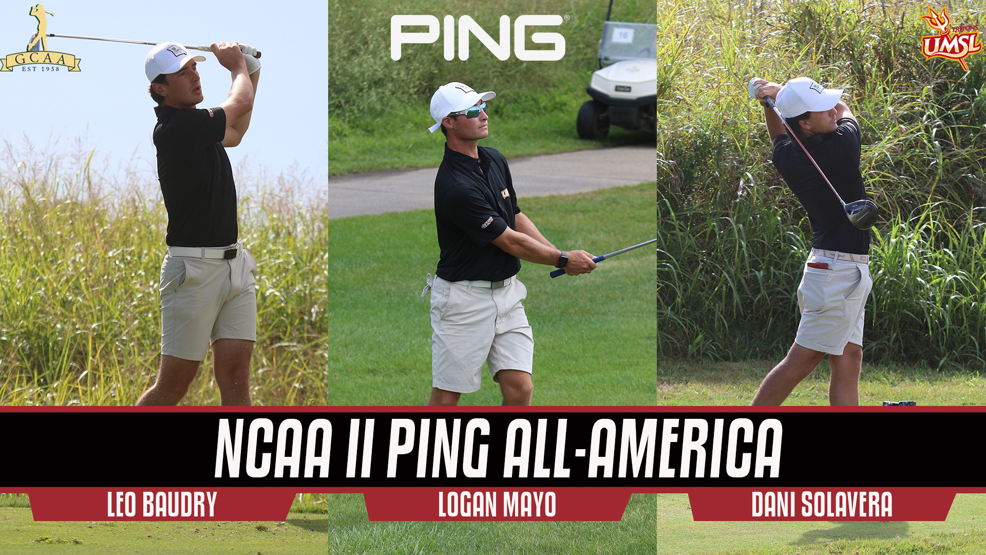 UMSL men's golfers (L-R): Leo Baudry, Logan Mayo and Dani Solavera were named to the Golf Coaches Association of America Division II Ping All-America team.