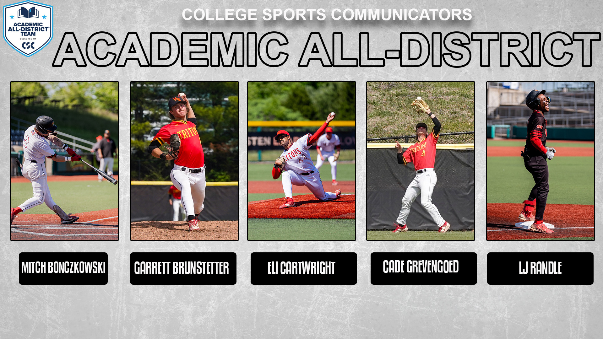 UMSL's baseball had five individuals named to the College Sports Communicators Academic All-District team on Tuesday (June 2). Representing the Tritons are (L-R): Mitch Bonczkowksi, Garrett Brunstetter, Eli Cartwright, Cade Grevengoed and LJ Randle