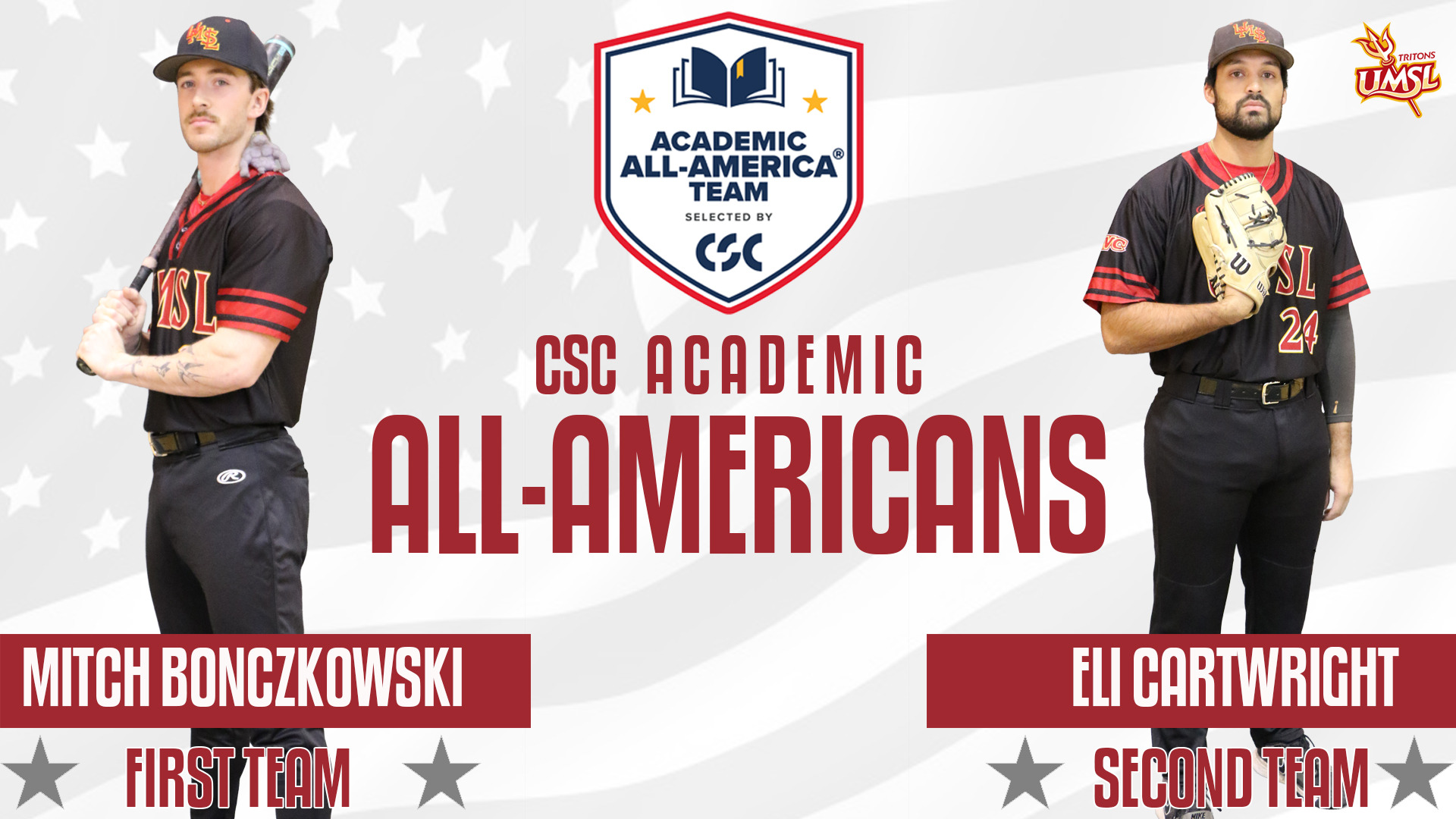 UMSL Baseball's Mitch Bonczkowski (left) and Eli Cartwright (right) were named to the College Sports Communicators Acadmic All-America team on Tuesday (June 23). Bonczkowski was a first team selection while Cartwright landed on the second team.