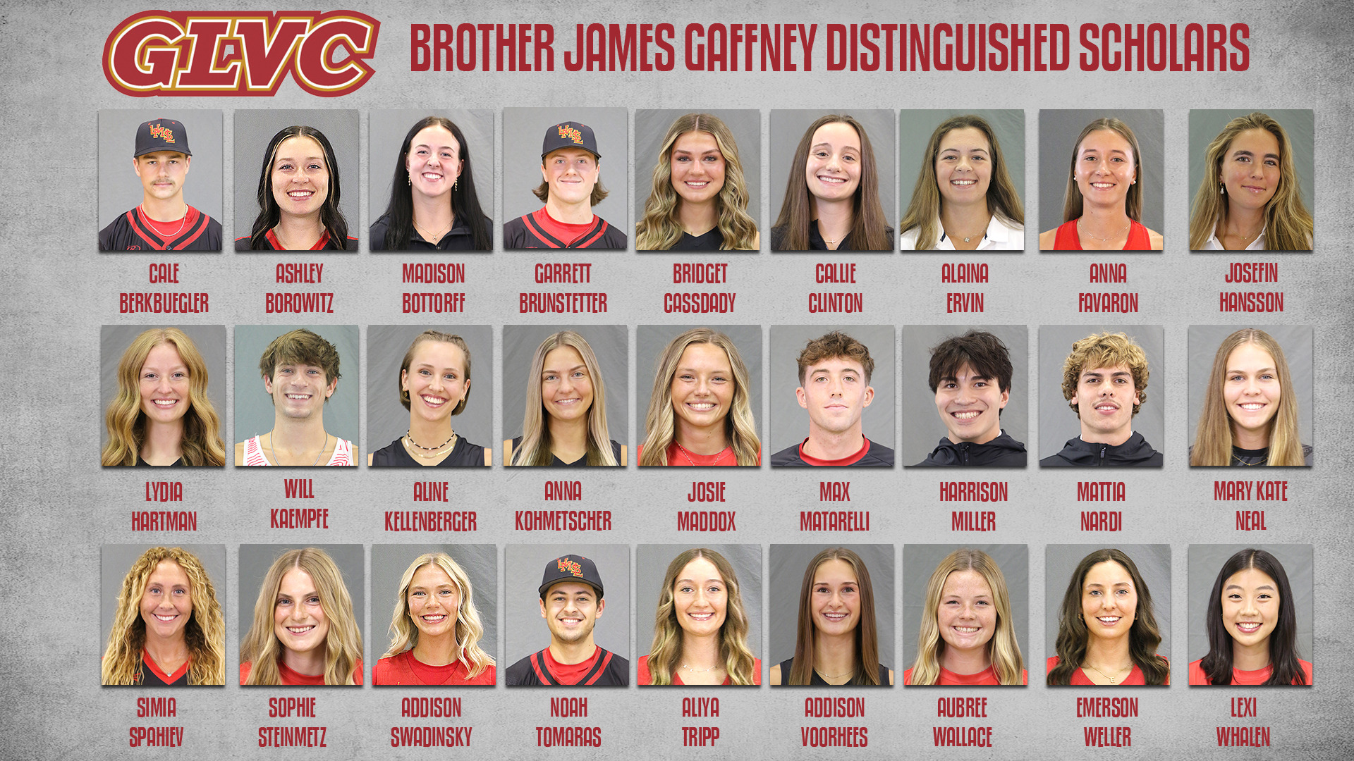 2026 UMSL Brother James Gaffney Distinguished Scholar Award Recipients. Top Row (L-R): Cale Berkbuegler, Ashley Borowtiz, Madison Bottorff, Garrett Brunstetter, Bridget Cassady, Callie Clinton, Alaina Ervin, Josefin Hansson. Middle Row (L-R): Lydia Hartman, Will Kaempfe, Aline Kellenberger, Josie Maddox, Max Matarelli, Harrison Miller, Mattia Nardi, Mary Kate Neal. Bottom Row (L-R:) Simia Spahiev, Sophie Steinmetz, Addison Swadinsky, Noah Tomaras, Aliya Tripp, Addison Voorhees, Aubree Wallace, Emerson Weller, Lexi Whalen.