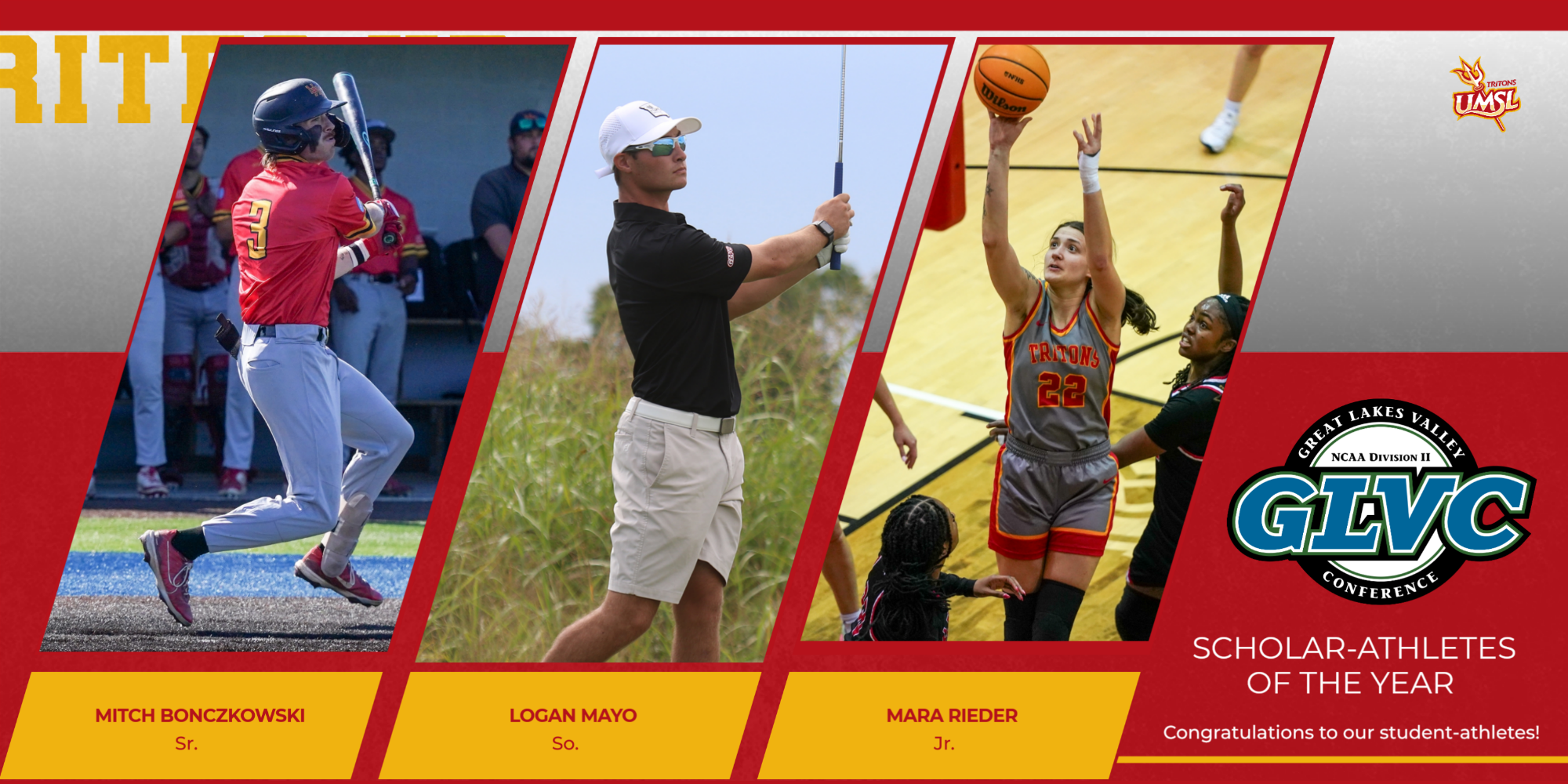 UMSL Athletics had three student-athletes named the Great Lakes Valley Conference Scholar-Athletes of the Year for their respective sports. (L-R): Mitch Bonczkowski (baseball), Logan Mayo (men's golf) and Mara Rieder (women's basketball)