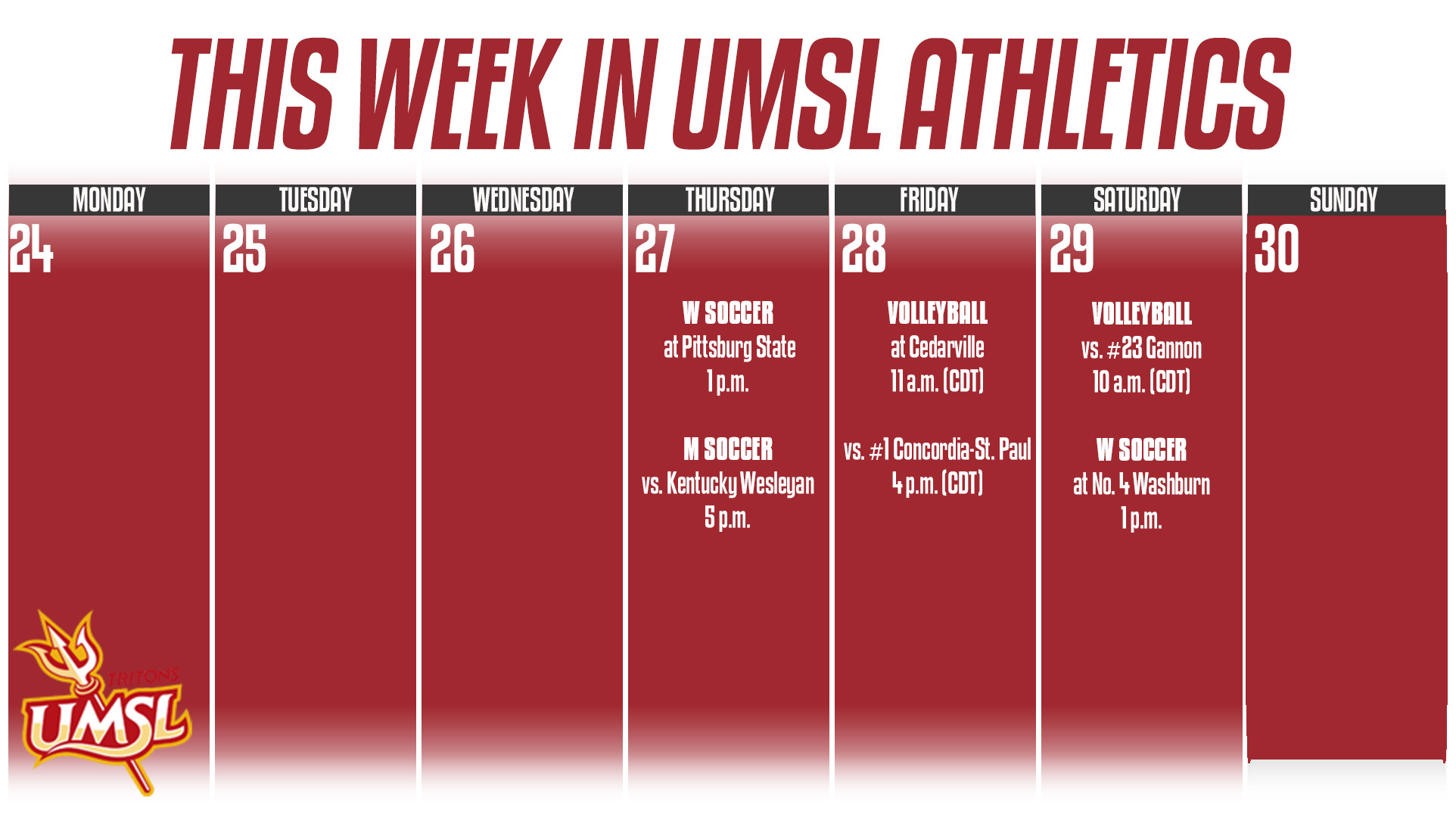 Weekly Calender of UMSL Athletic events for the week of August 24-30