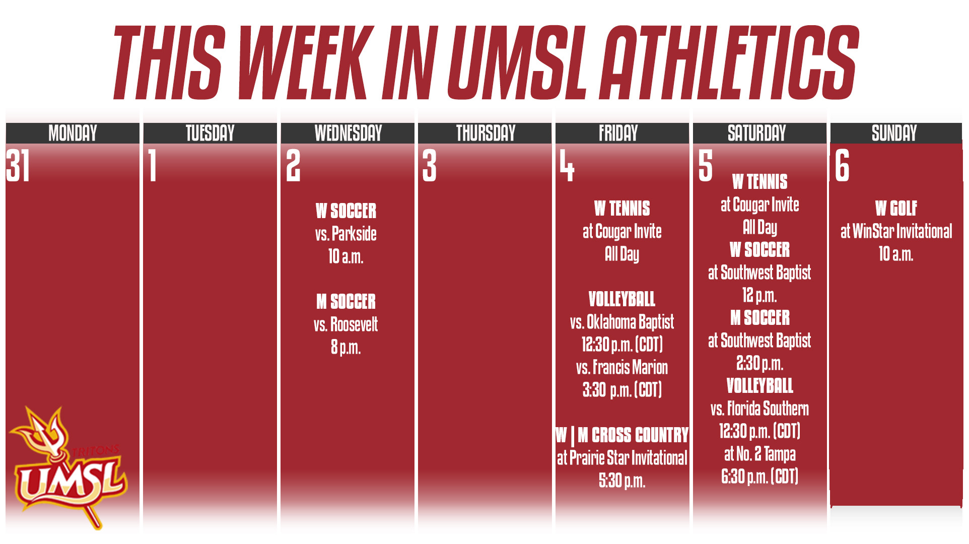 Weekly Calender of UMSL Athletic events for the week of August 31 - September 6