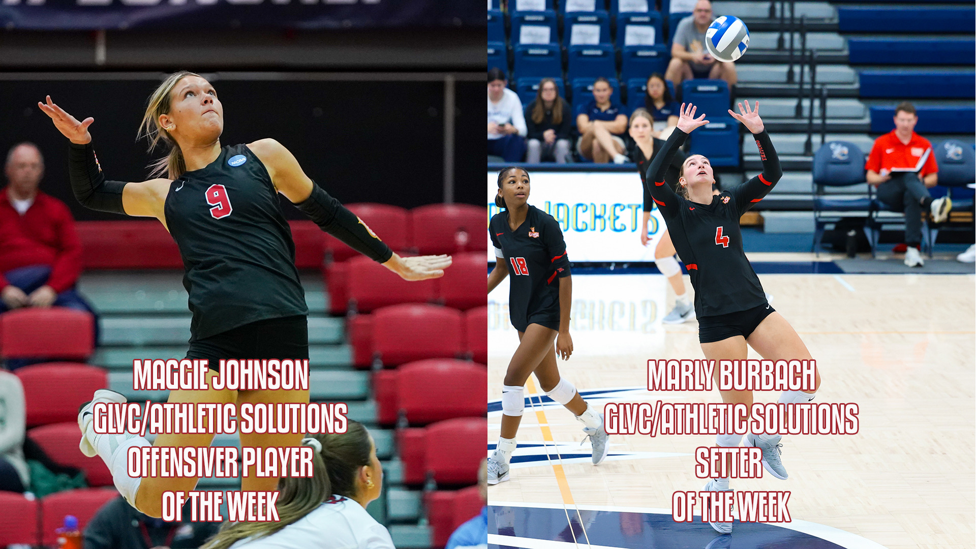 Maggie Johnson (left) and Marly Burbach (right) named Great Lakes Valley Conference Volleyball/Athletic Solutions Players of the Week