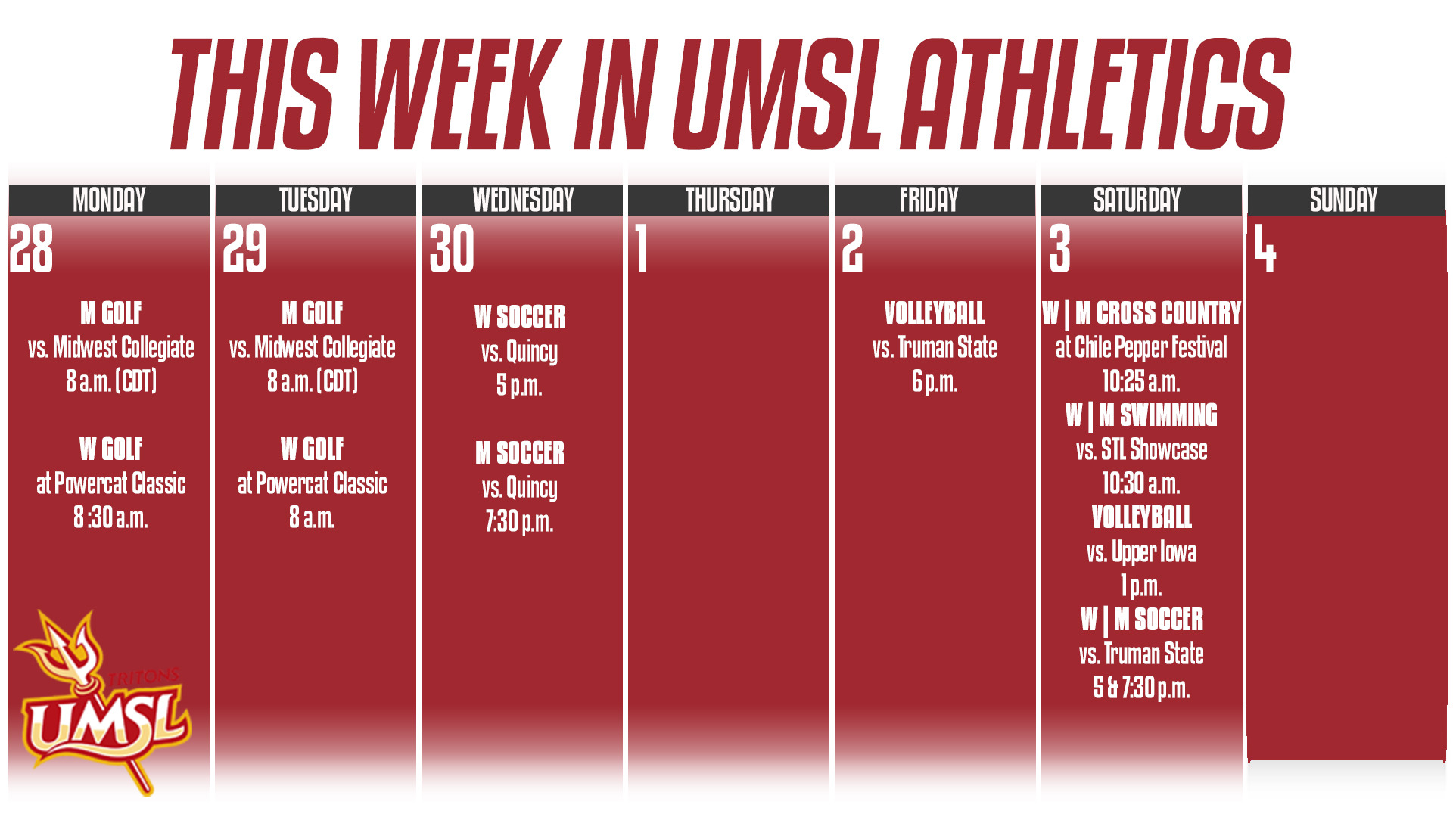  Weekly Calender of UMSL Athletic events for the week of September 28 - October 4