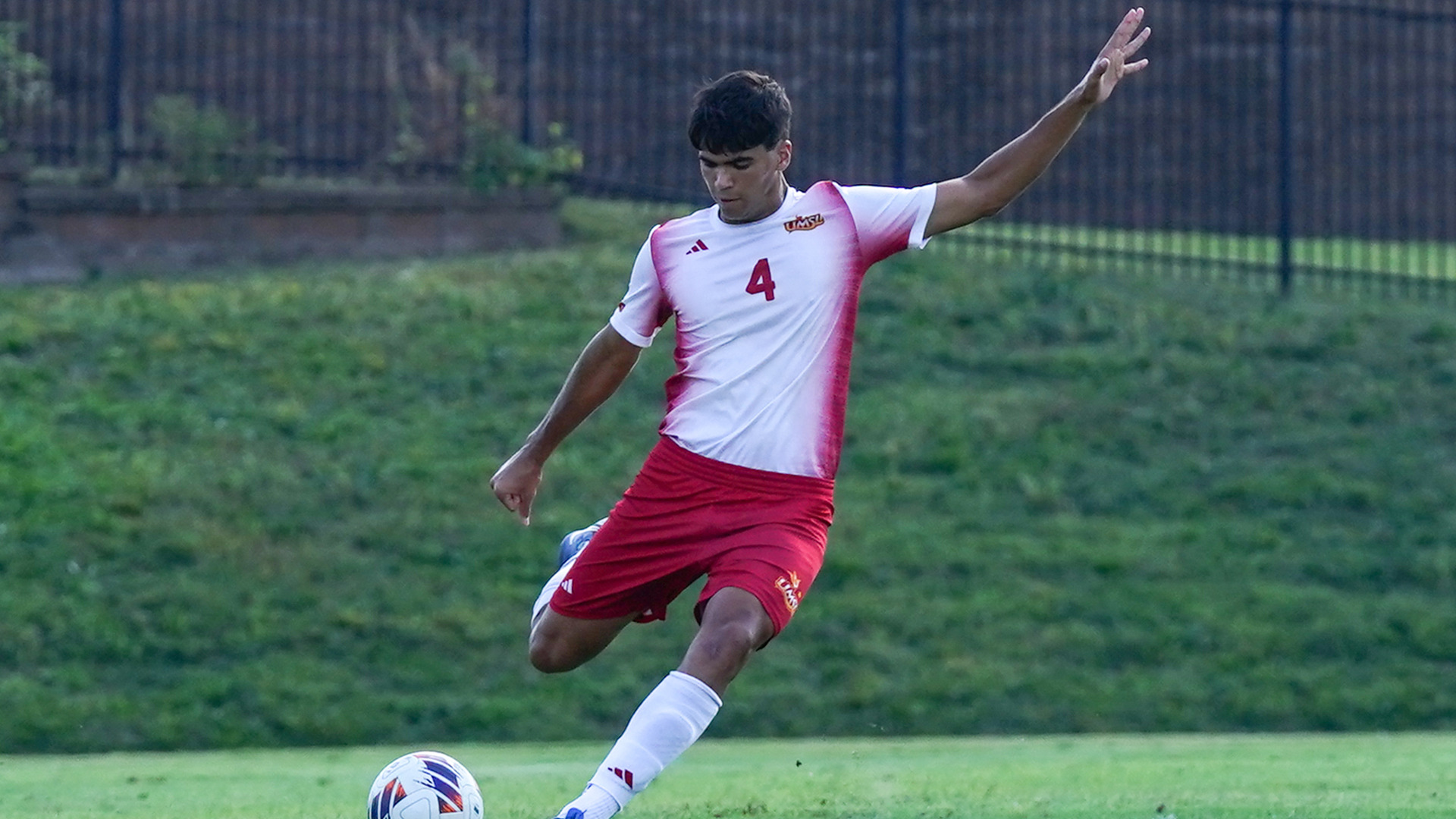Mario Garcia takes a free kick in an NCAA Division II men's soccer game against Christian Brothers