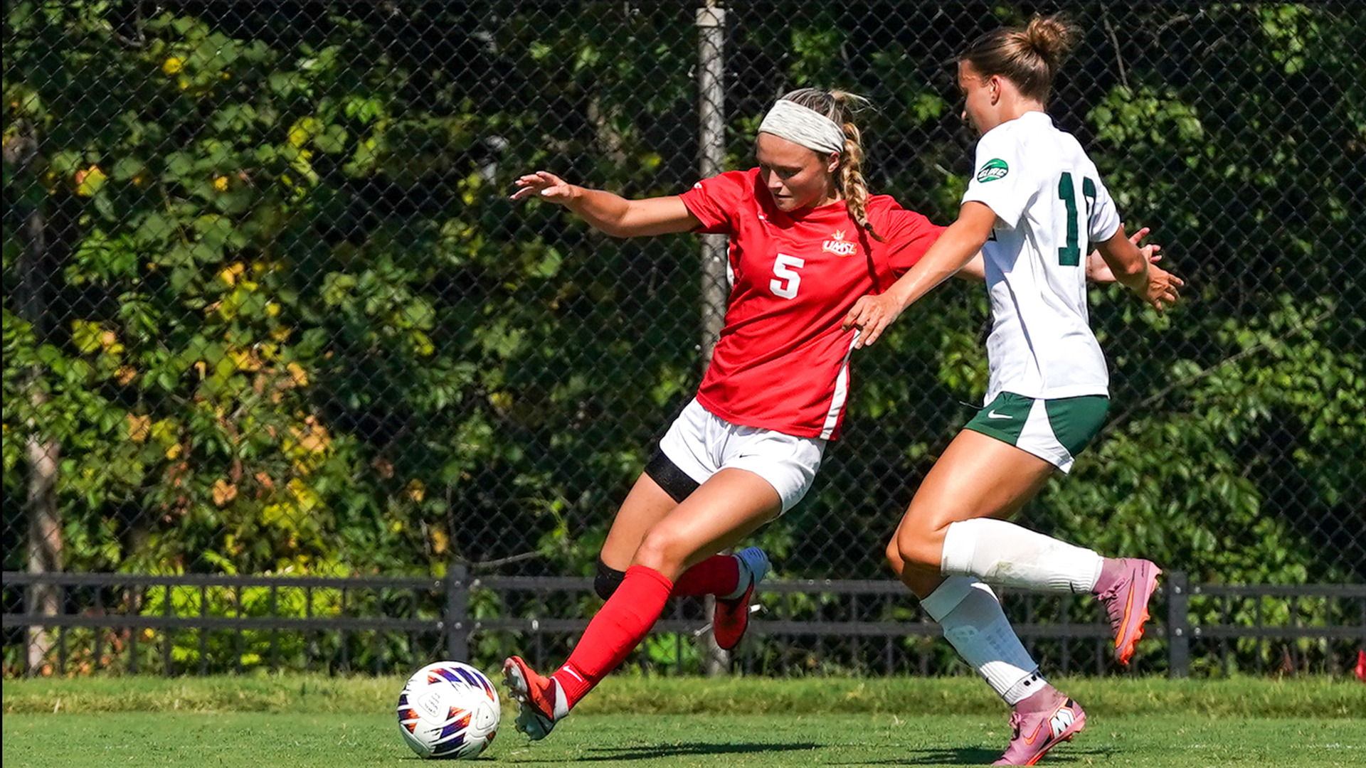 Josie Maddox works to dribble the ball around a Parkside defender in an NCAA Division II women's soccer contest on Sept. 2, 2026.