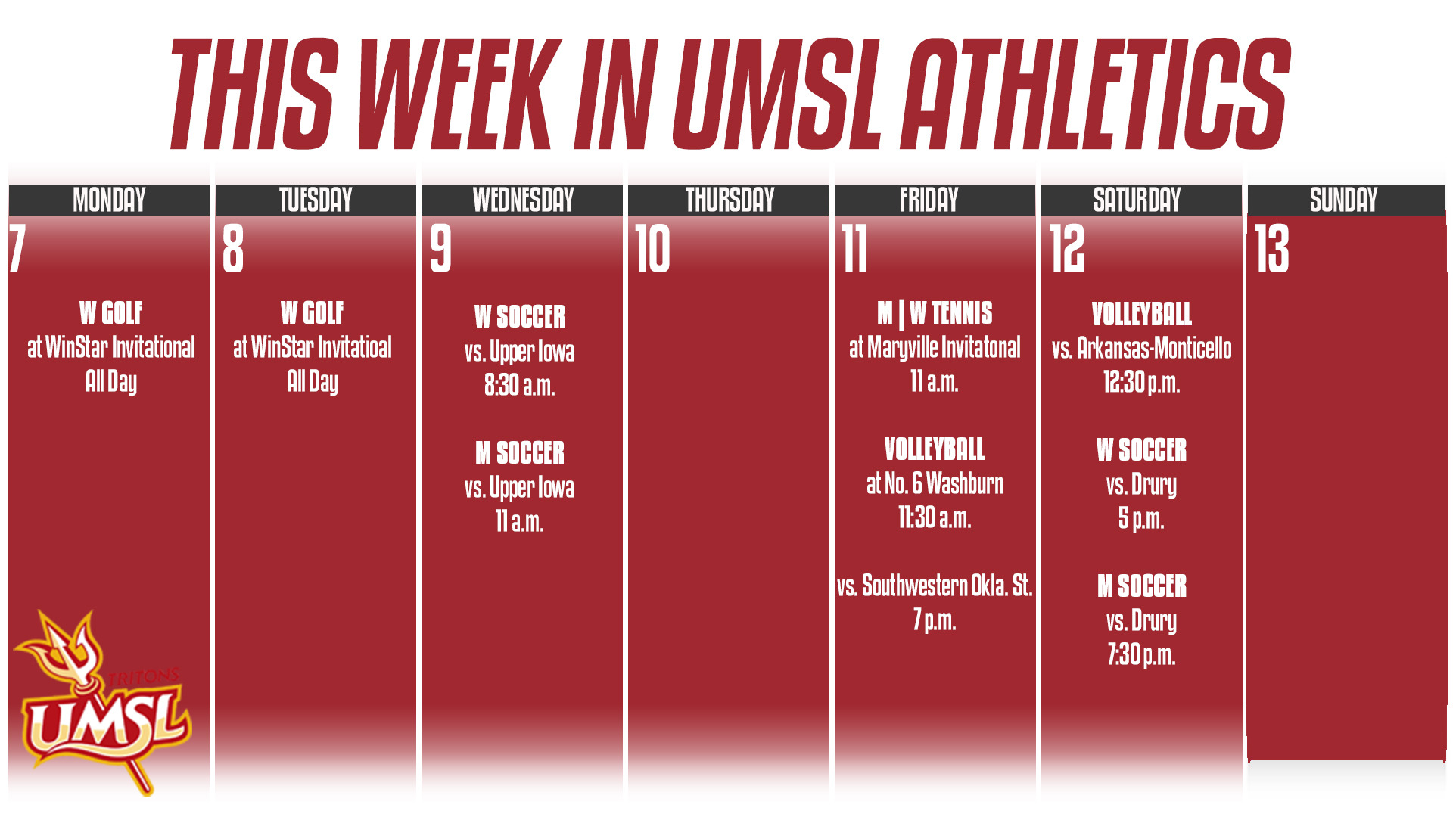 Weekly Calender of UMSL Athletic events for the week of September 7 - September 13