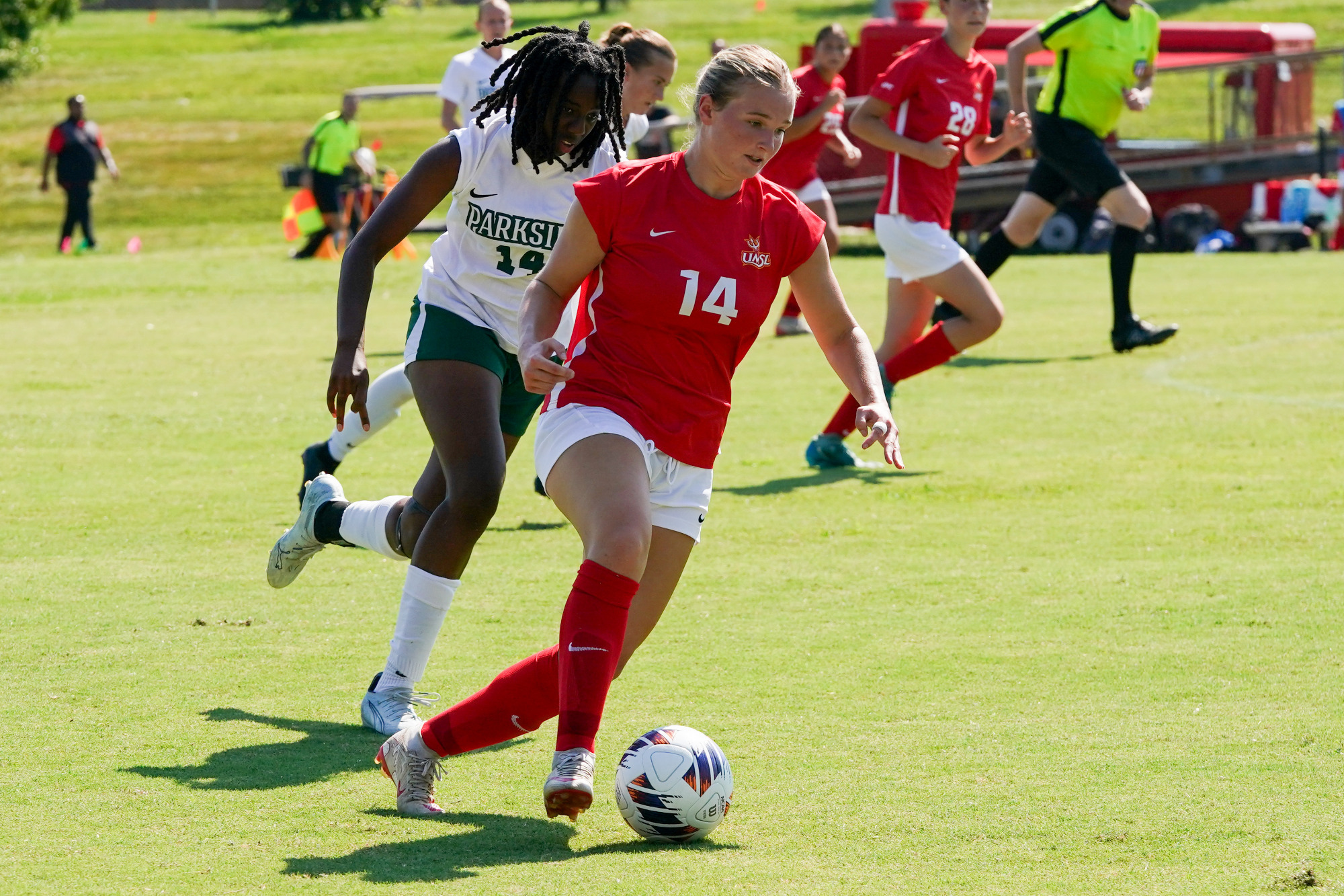 Avery Hesseldenz dribbles the ball past a Parkside defender in an NCAA Division II women's soccer contest on Sept. 2, 2026.
