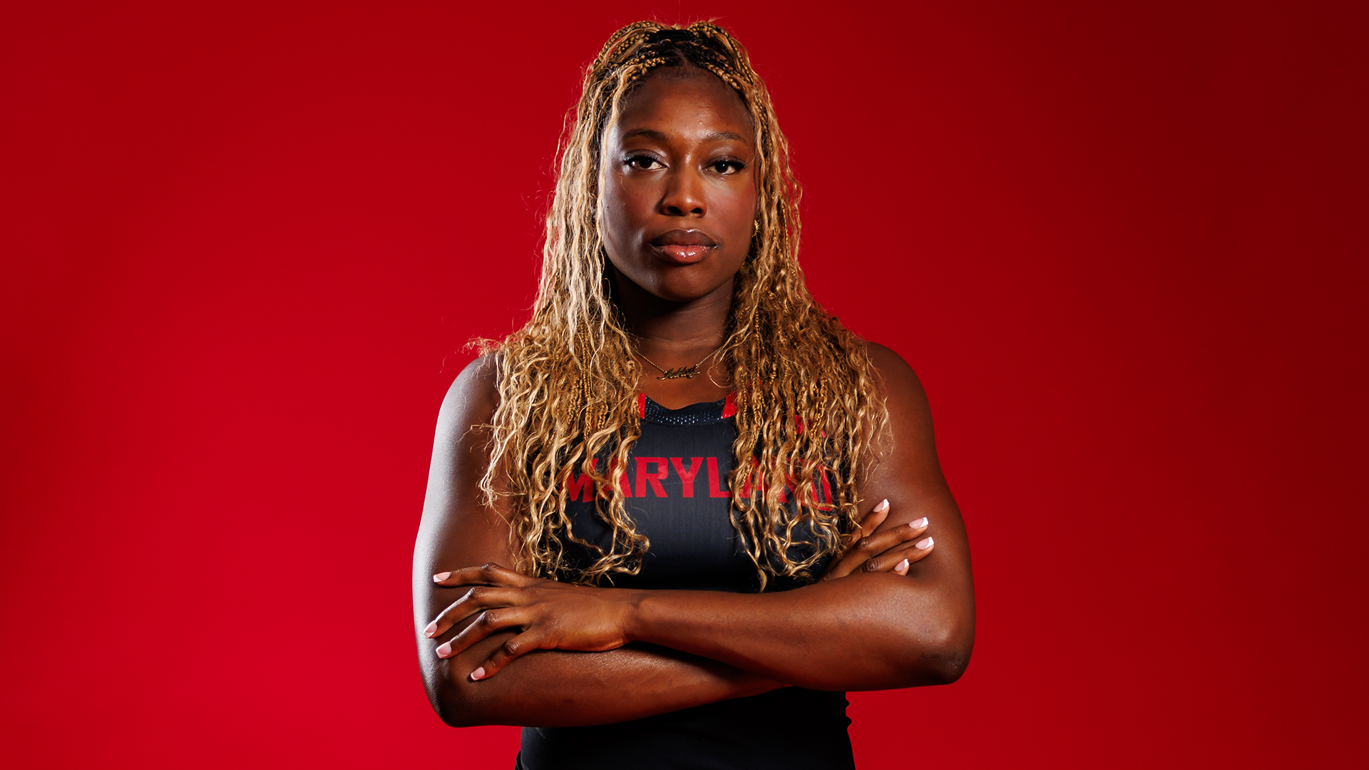 Ashley Thomas poses at maryland track and field content day