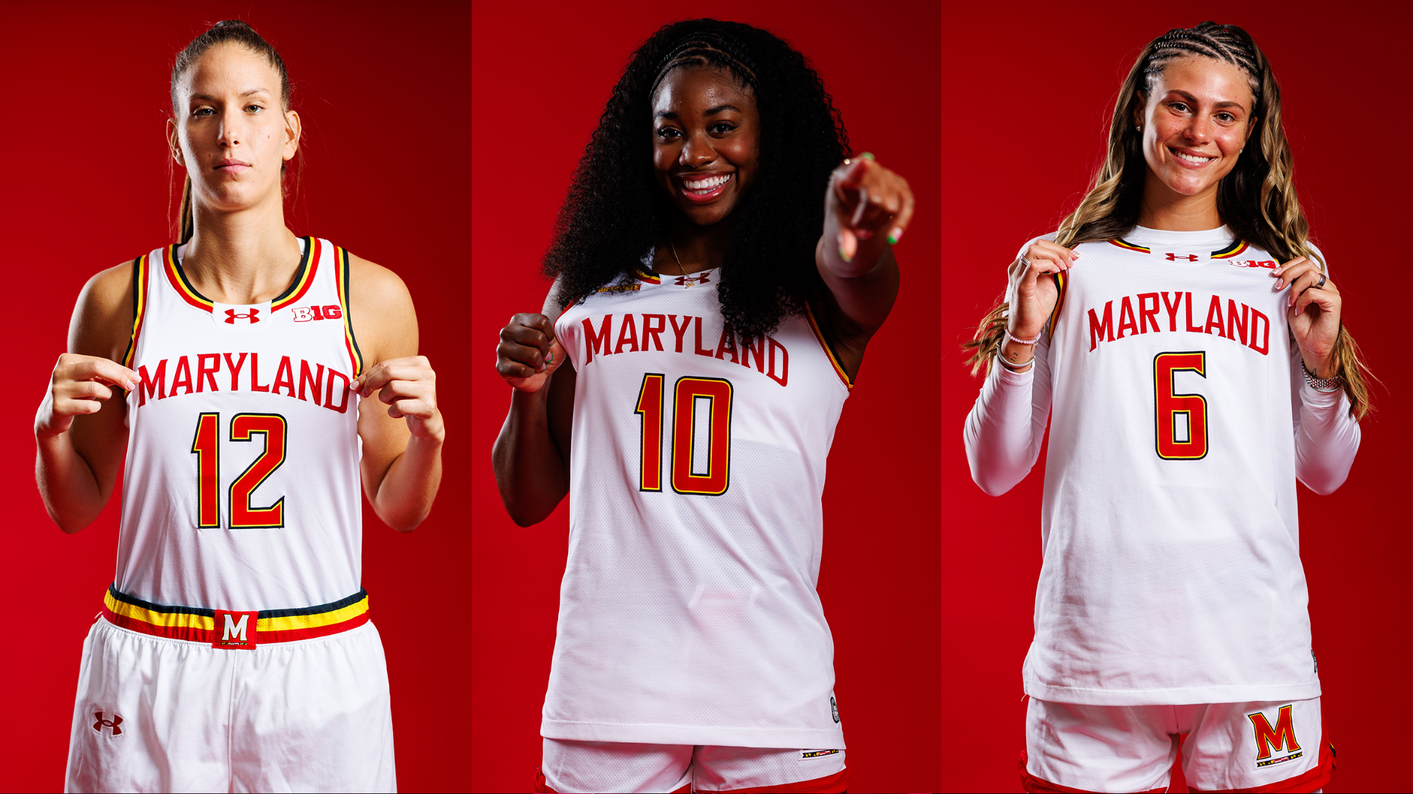 Seniors Yarden Garzon Mir McLean Saylor Poffenbarger posed in white uniforms 