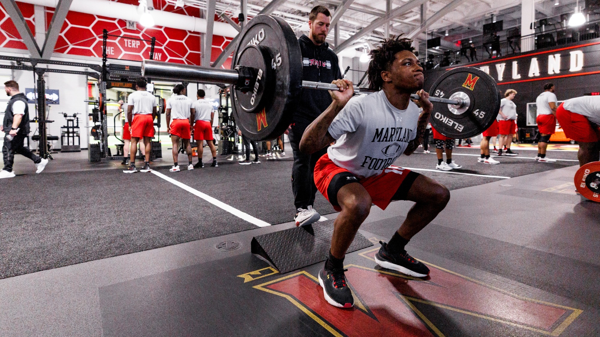 Maryland Football's Zymear Smith lifting during winter workouts 2026