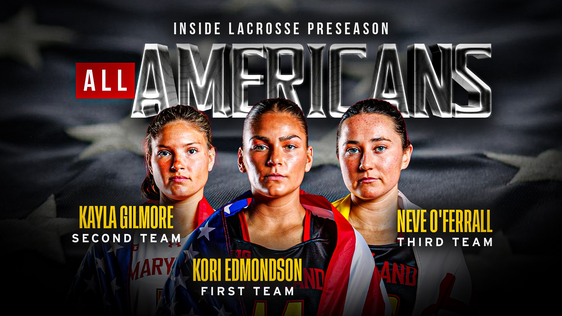 Kori Edmondson, Kayla Gilmore, and Neve O'Ferrall Inside Lacrosse Preseason All-American graphic