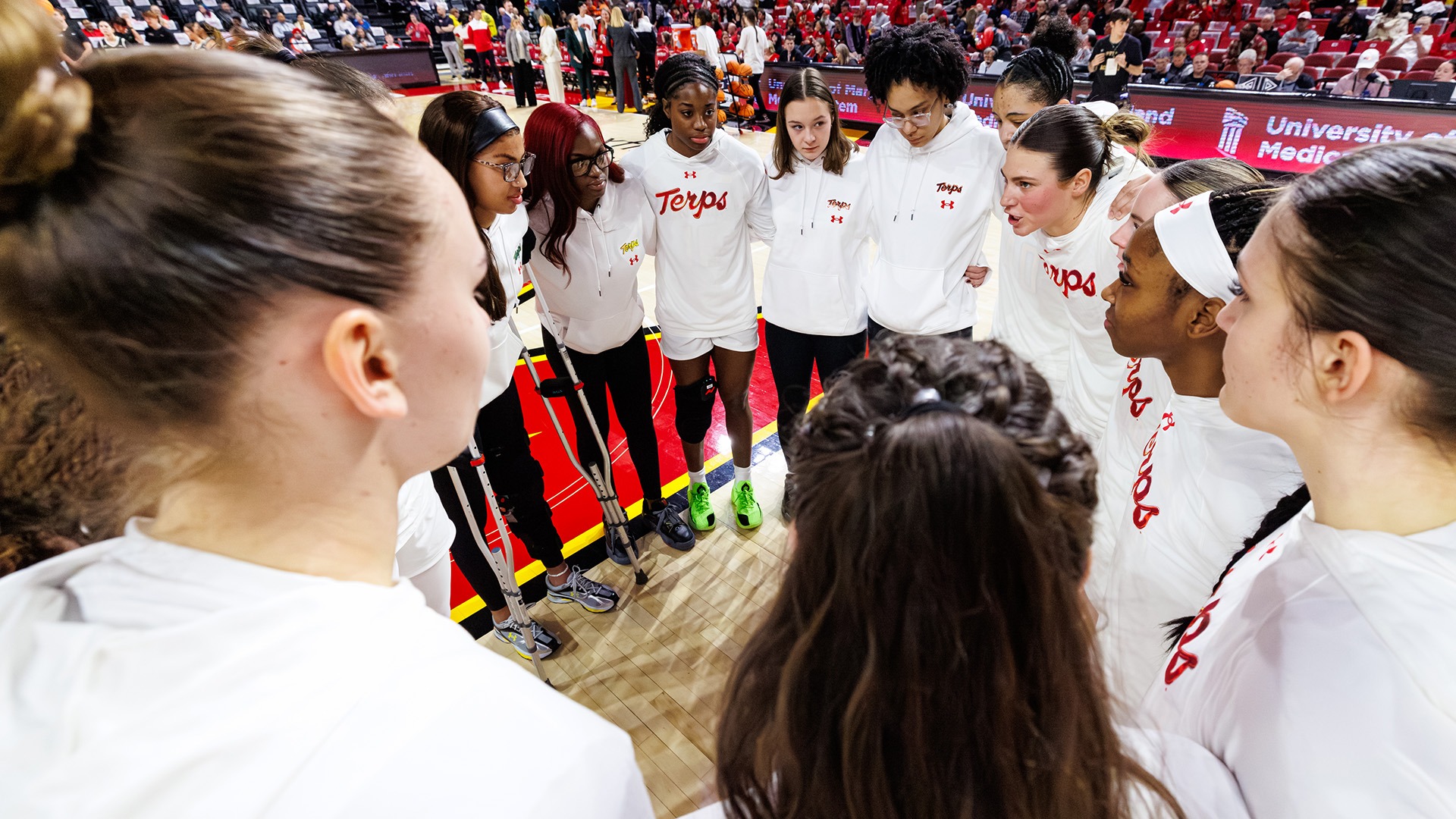 the Maryland women's basketball team huddles before a game vs. Purdue
