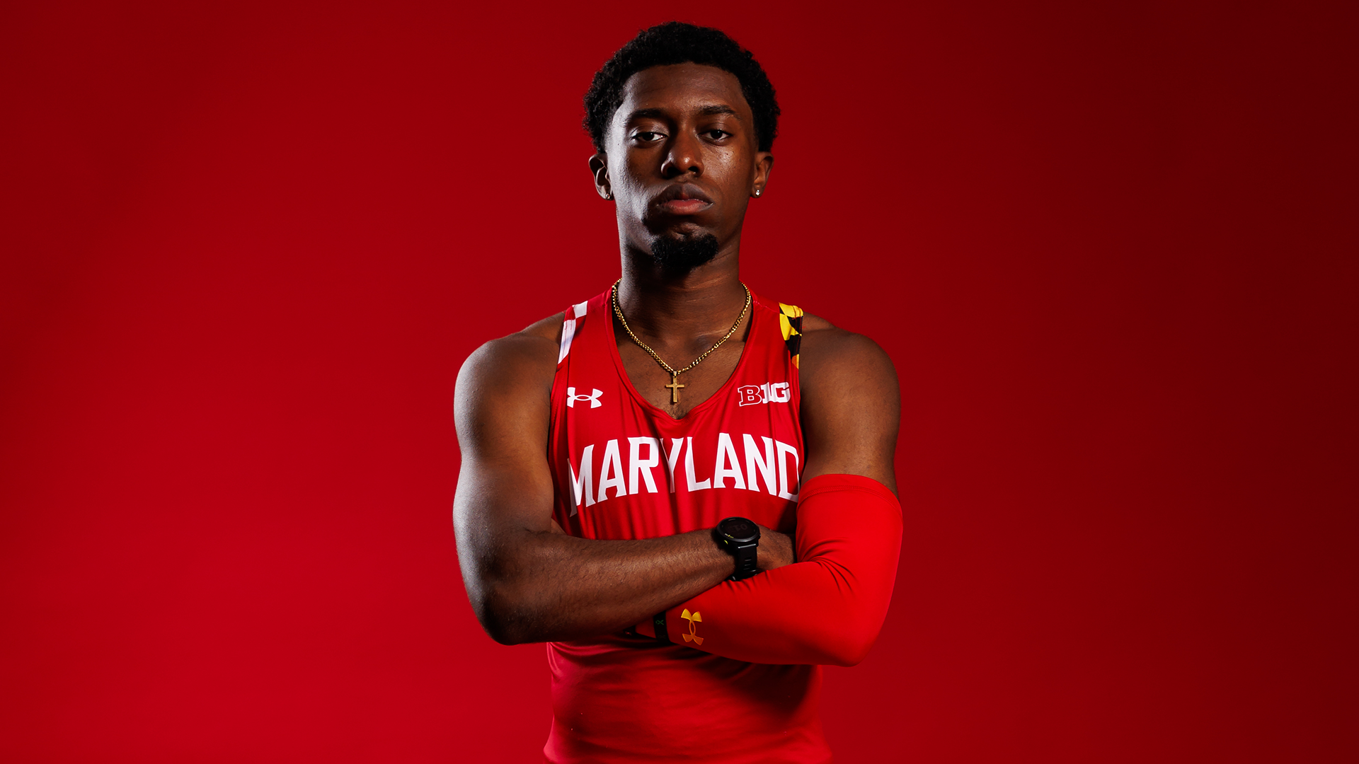 Sam Ford poses at maryland track and field content day