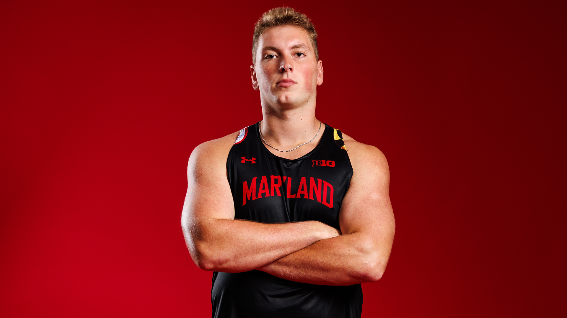 Fin Essley poses at Maryland Track and Field Content Day