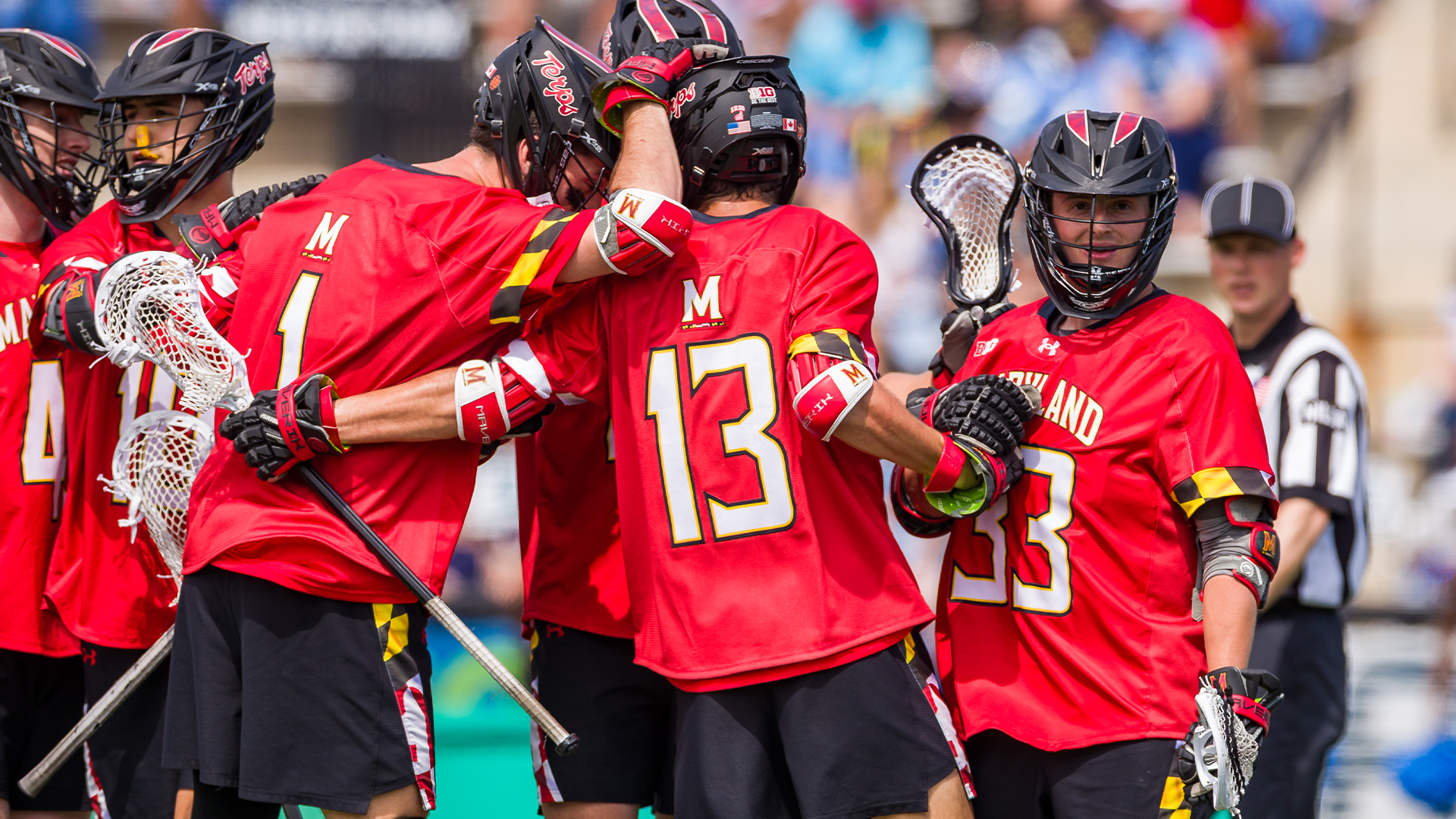 Lacrosse Huddle Celebration after goal at hopkins