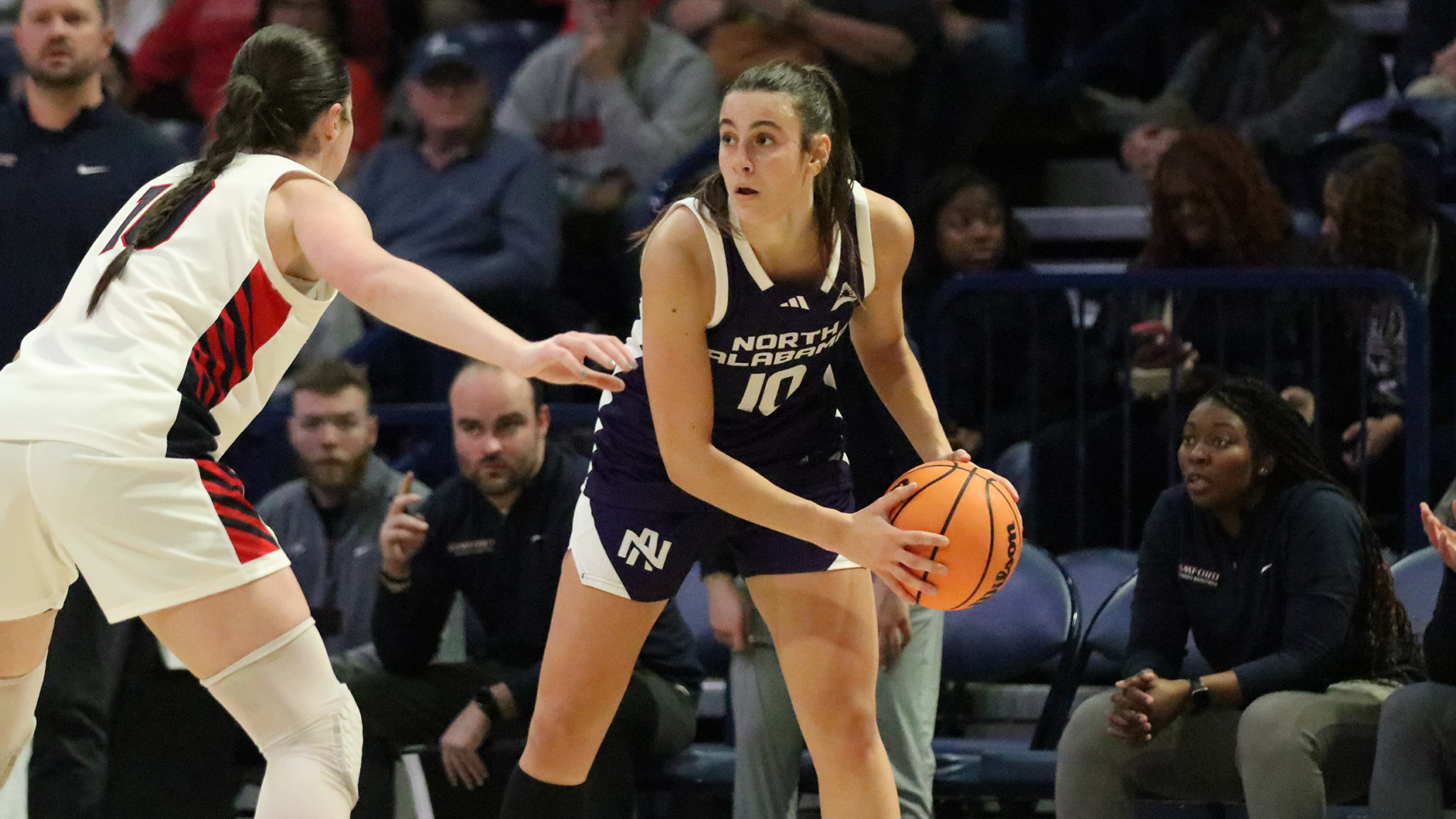 Sofia Ceppellotti holding a basketball against Samford on December 7, 2025