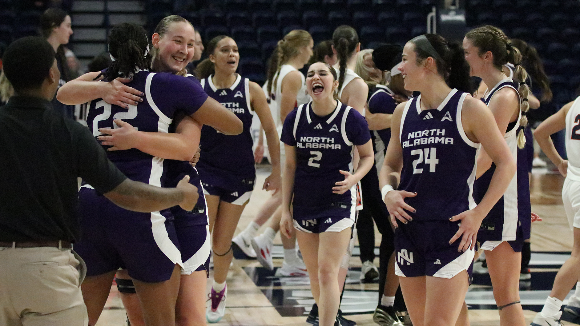 Women's Basketball celebrating after a win at Samford on December 7, 2025