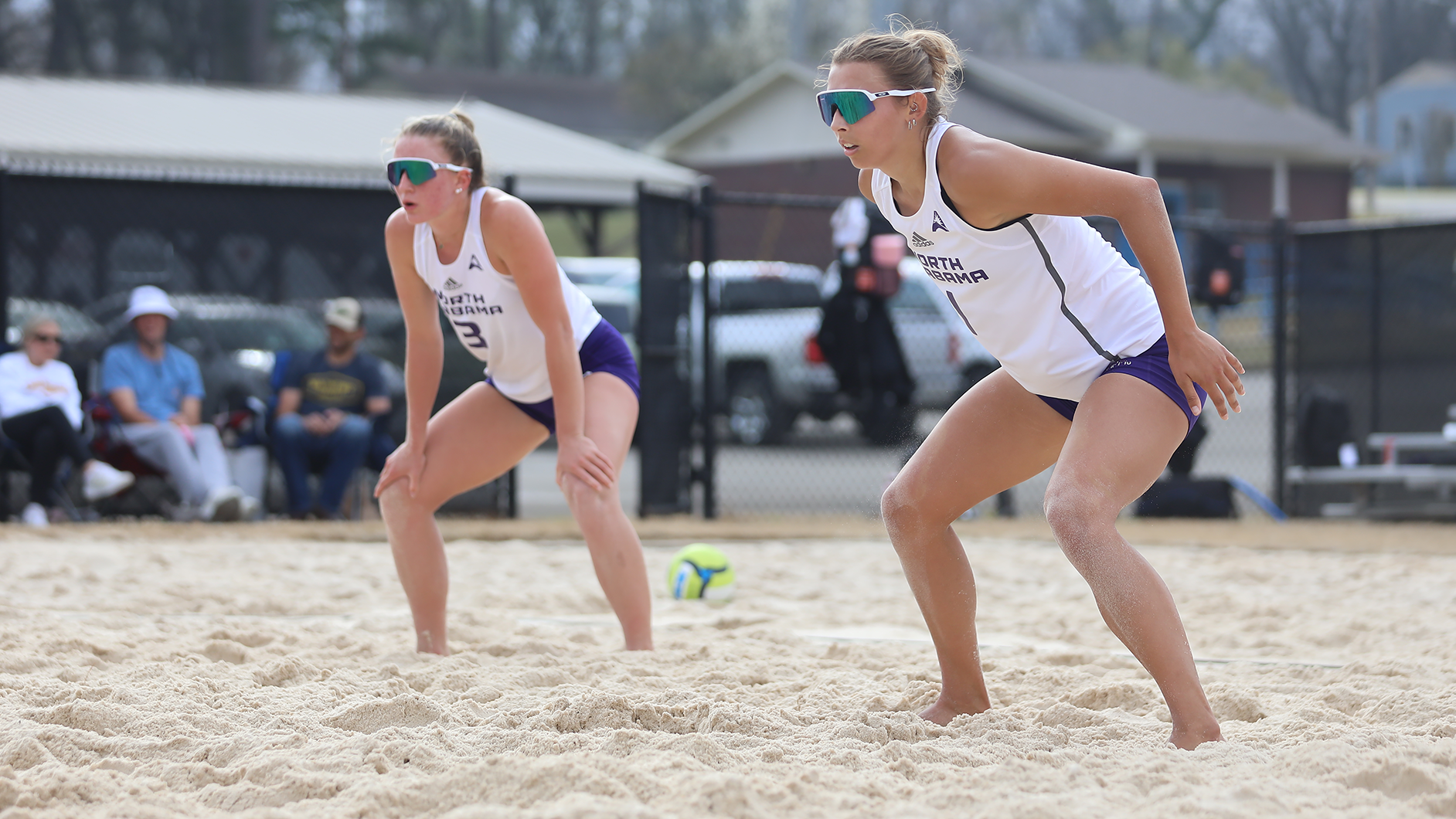 Lucy Wedding and Hope Dicken preparing for a serve-receive against Chattanooga on March 14, 2025