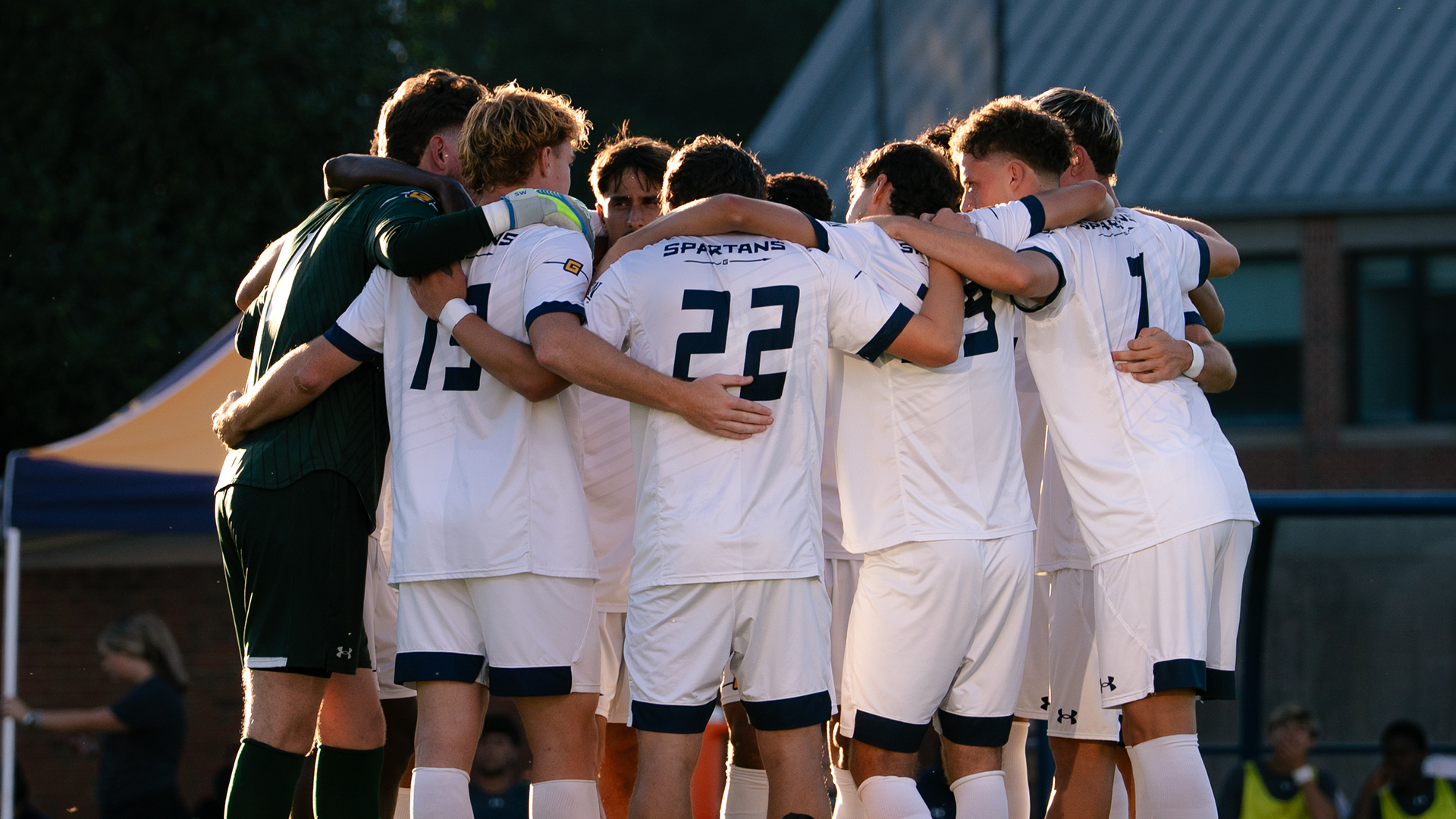 Men's Soccer pregame huddle