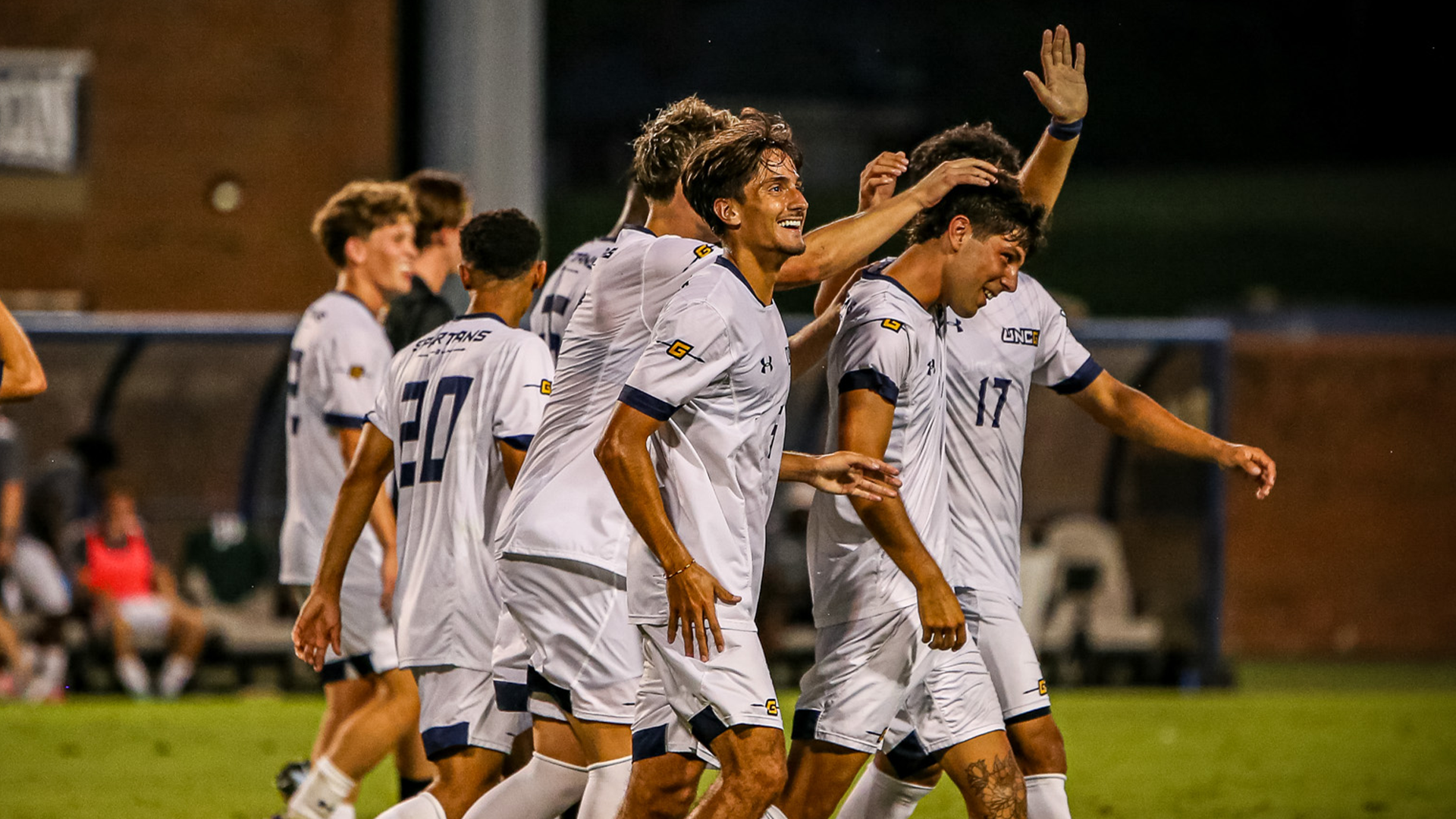 Men's Soccer celebrates against VCU