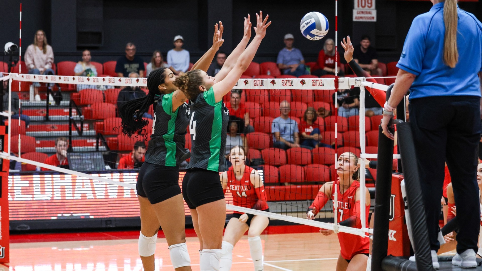 den Hamer and Montes block at Seattle U