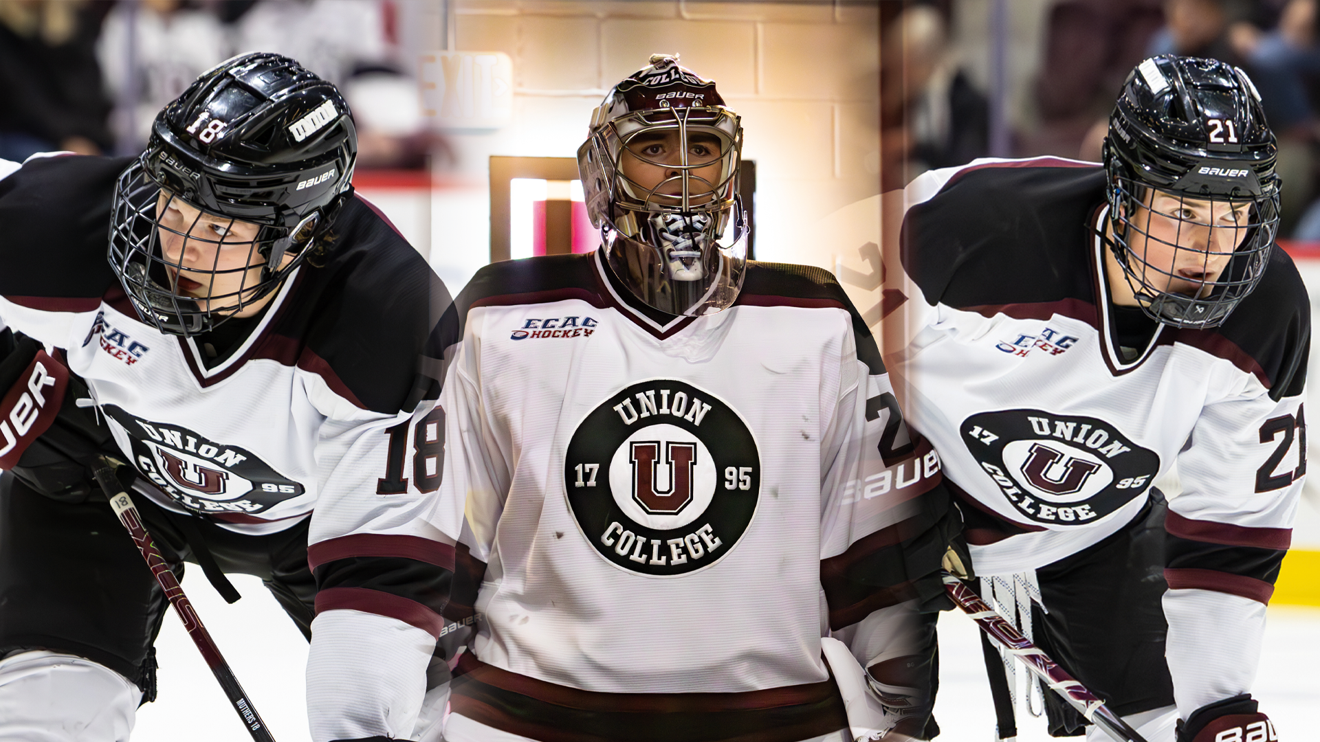 an edited photo combining three images of hockey players, from left to right, Ben Muthersbaugh looking to his right before a faceoff, Bryaden Gillespie walking onto the ice before the game, and Tyler Dunbar looking to his left and leaning on his hockey stick before a faceoff