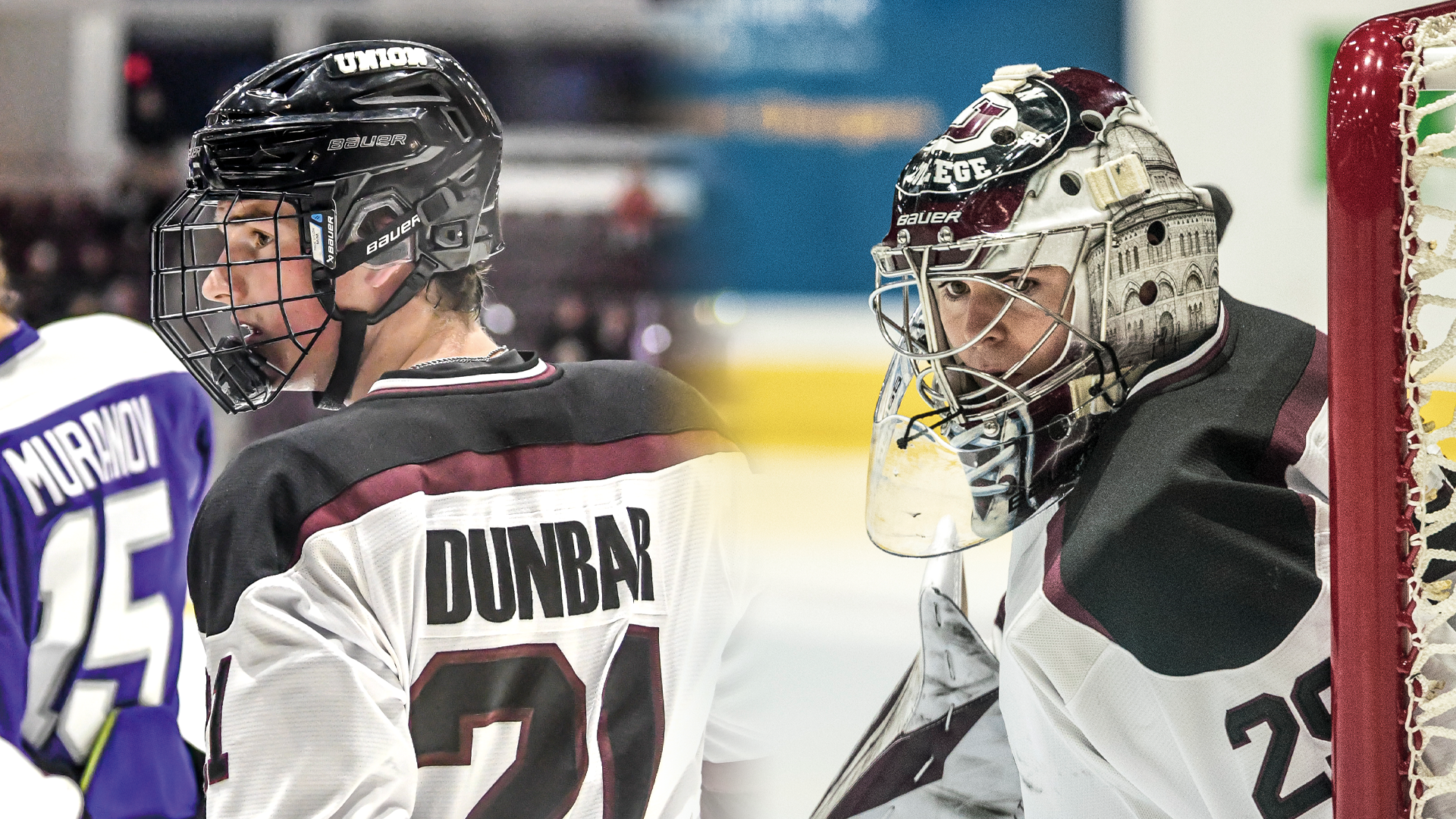 a picture of two hockey players, one of hem a goalie, both looking to the left 