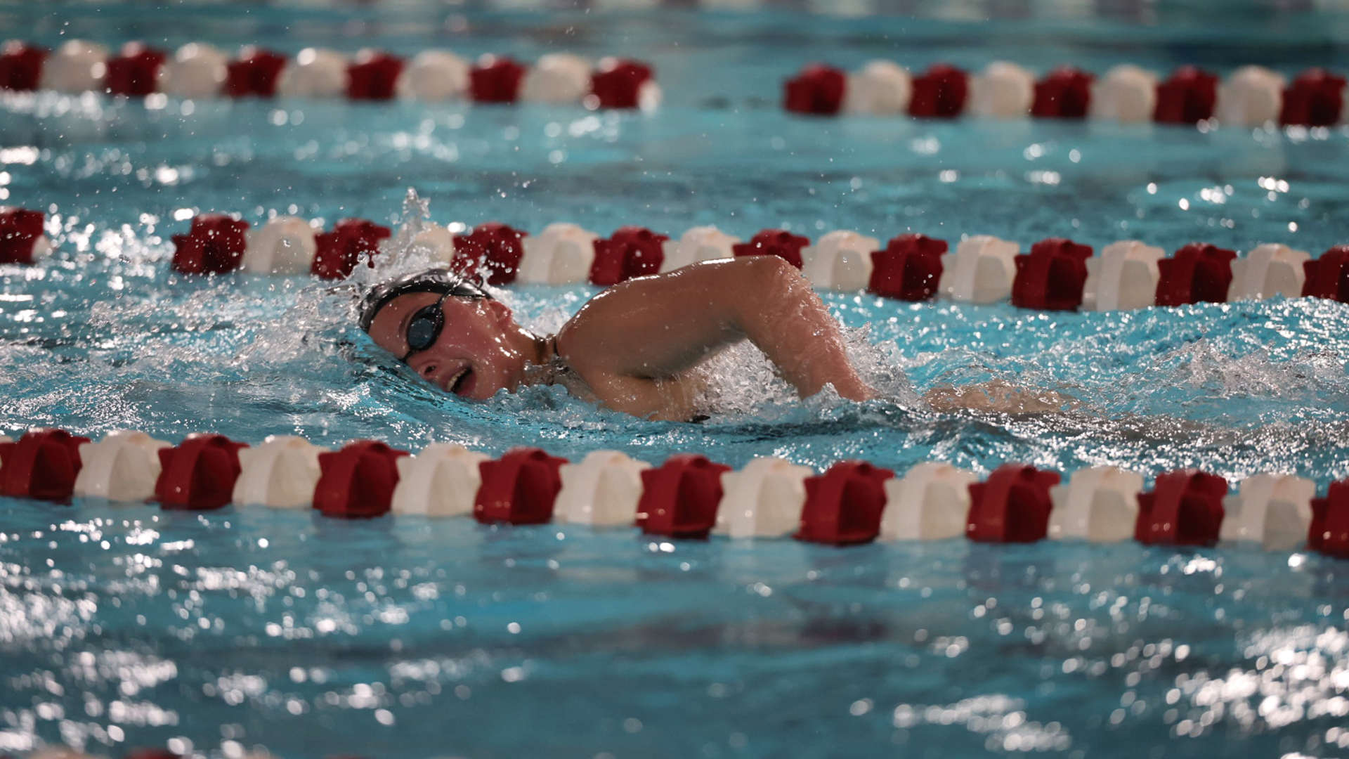 a women's swimmer performing the front crawl, swimming from right to left