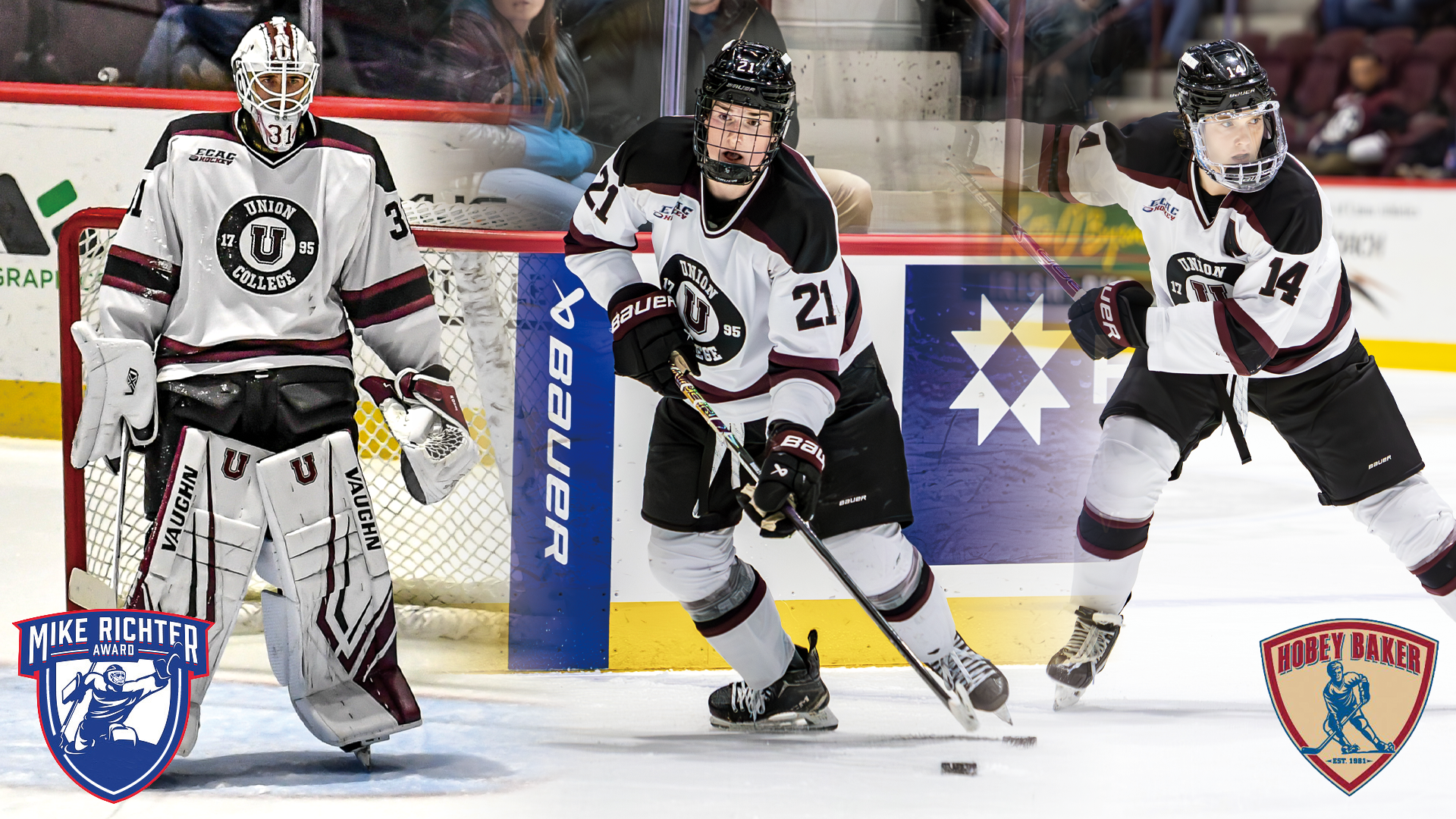 three hockey players, from left to right, a goaltender, skater with the puck on his stick, and player winding up to take a slap shot